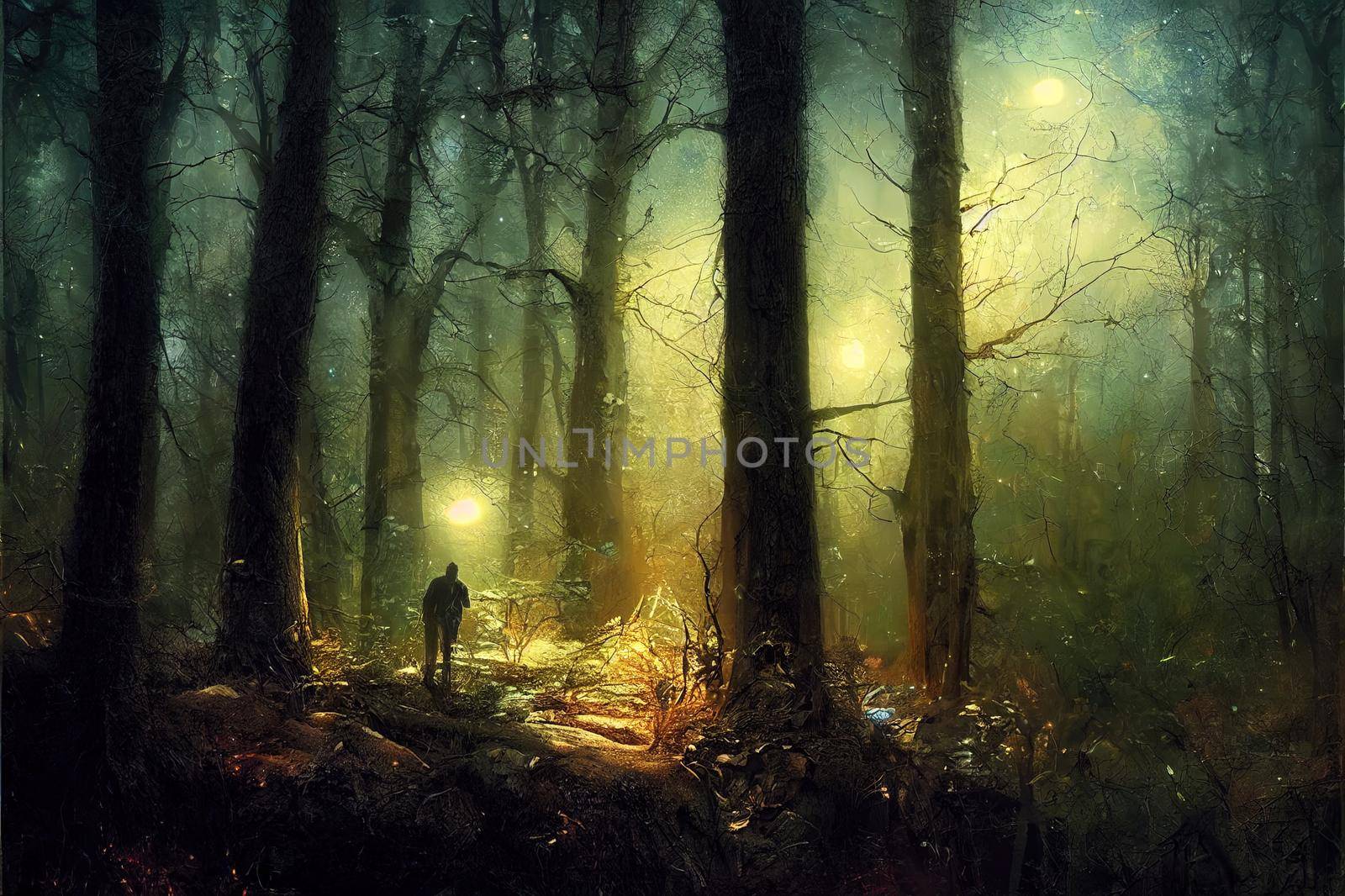 man in dark woods at night, mysterious forest landscape. High quality illustration