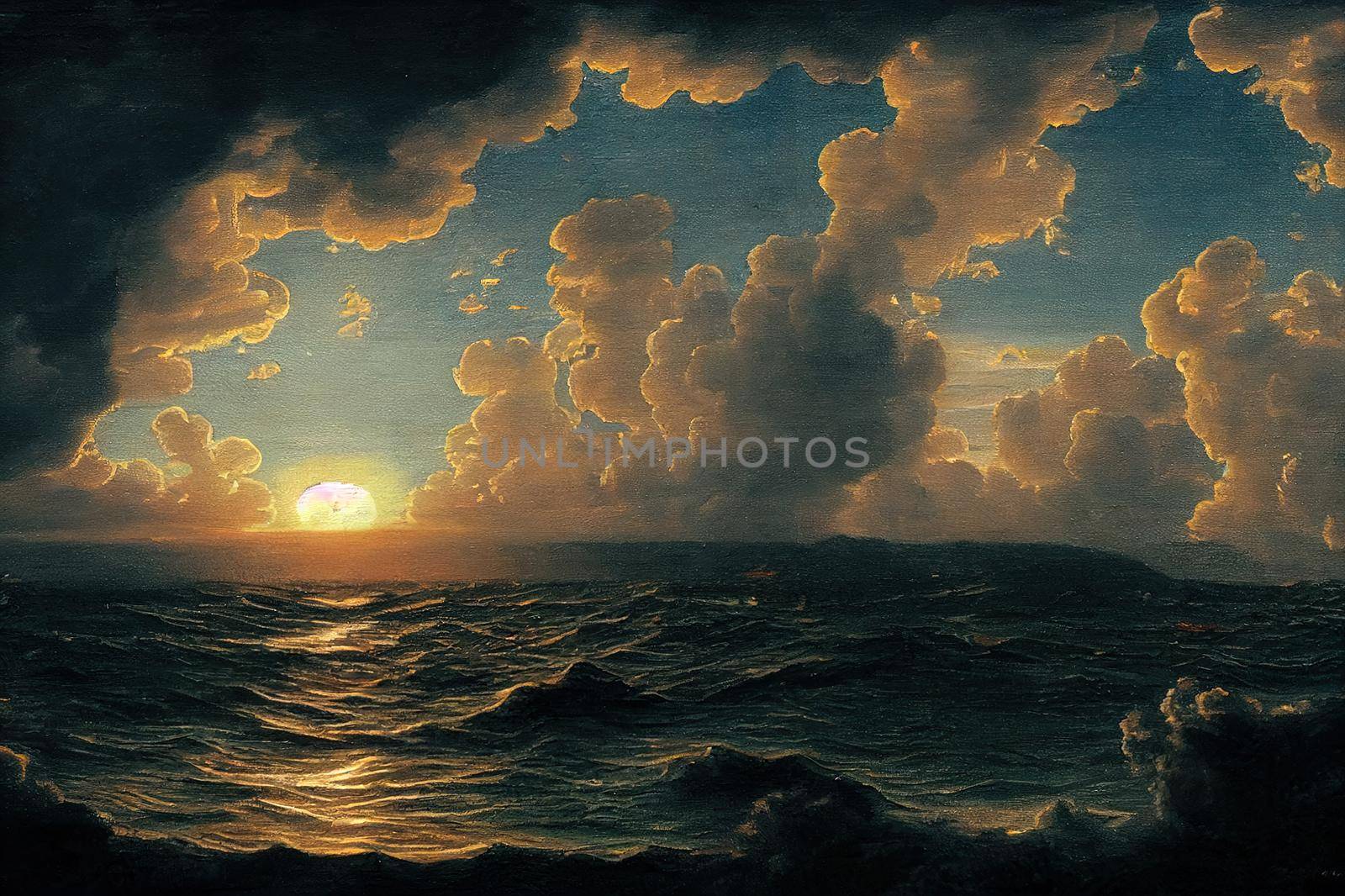 blue sky with clouds and sea, sunset. High quality illustration