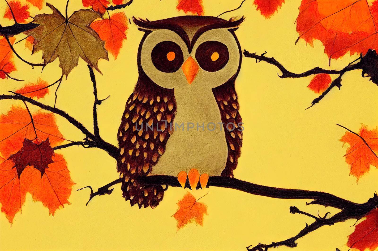 cute owl drawing with maple leaves in autumn. High quality illustration