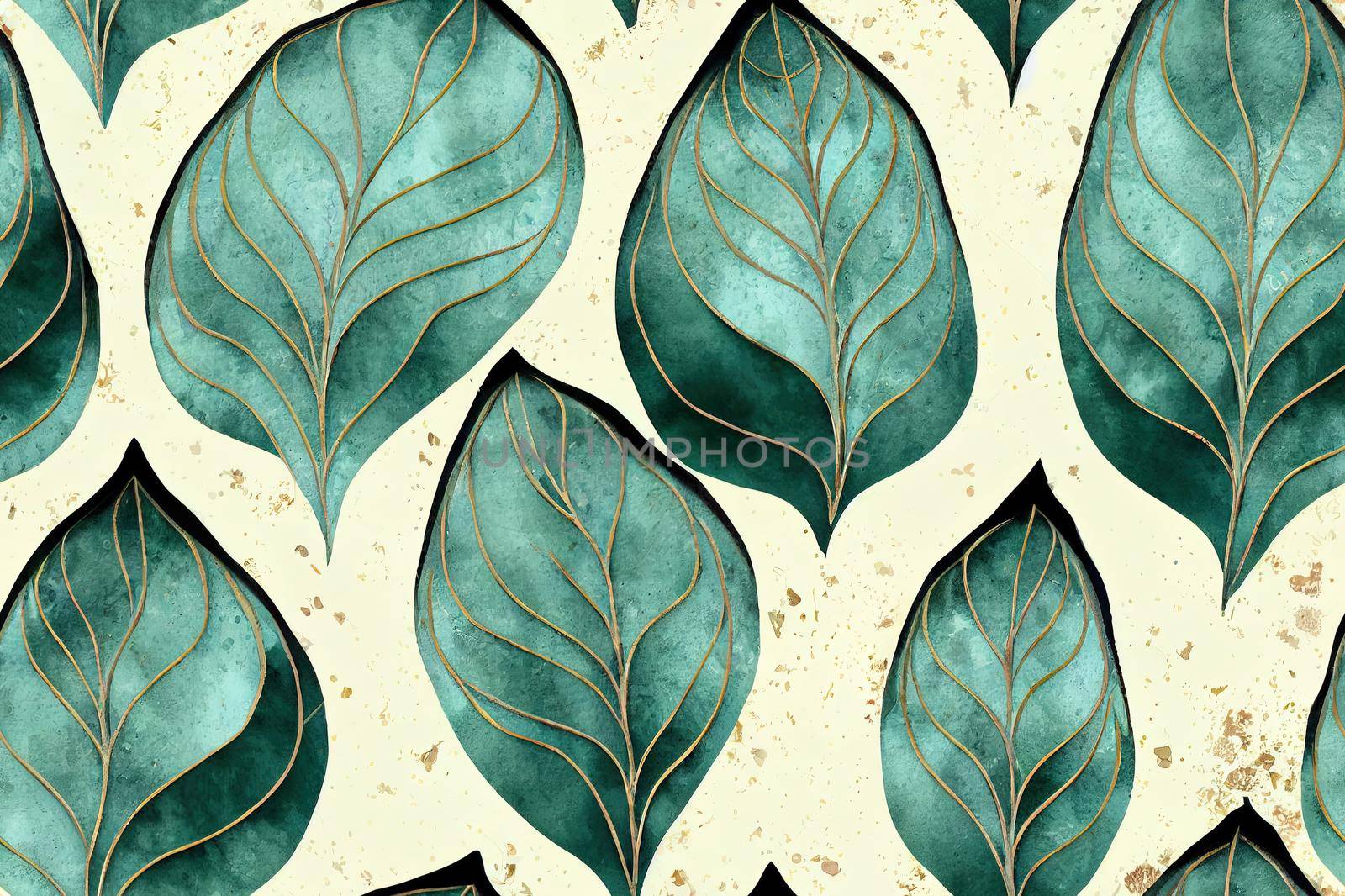 Imprints abstract ornate tender leaves mix repeat seamless pattern. Digital hand drawn picture with watercolour texture. Mixed media artwork. Endless motif for textile decor and botanical design. High quality illustration