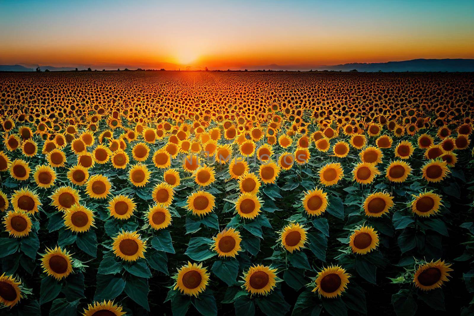 Drone video of sunflower field in a beautiful evening sunset. 4K aerial view of sunflowers in summer evening day. Slow camera movement across a agriculture sunflower crop field.. High quality illustration