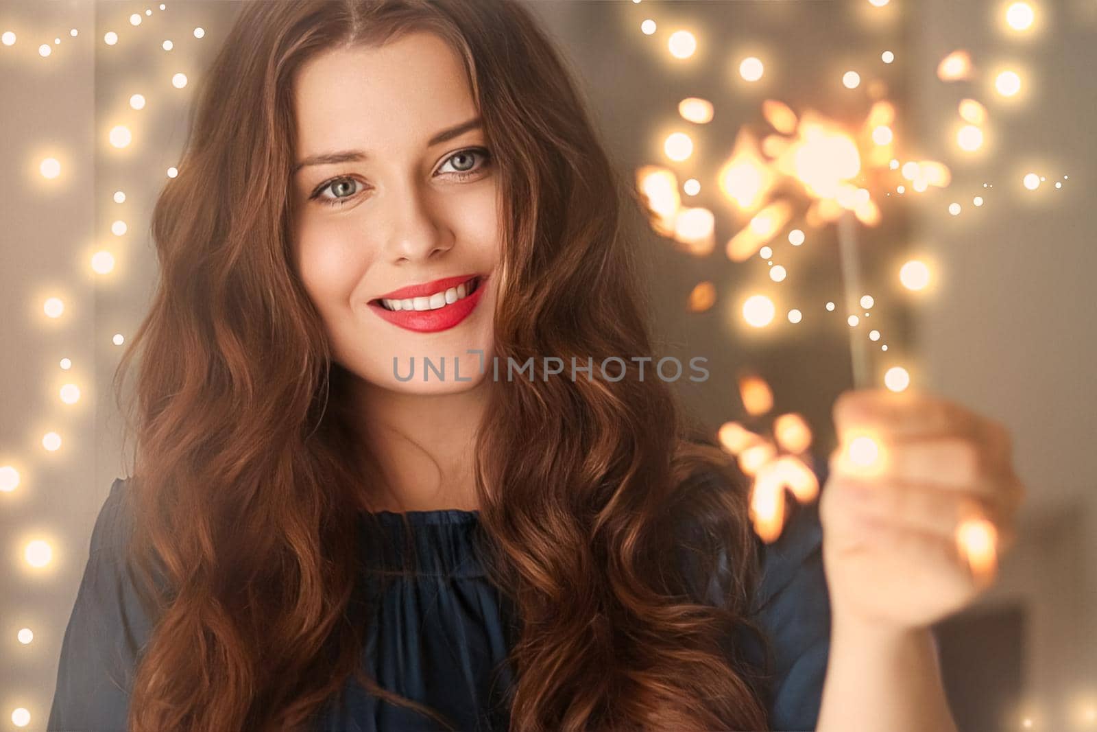 Holiday magic, Christmas and New Year celebration, happy woman with sparklers by Anneleven