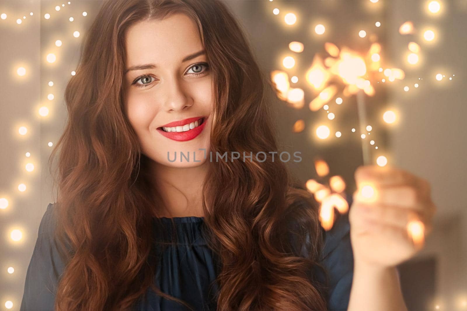 Holiday magic, Christmas and New Year celebration, happy woman with sparklers, portrait