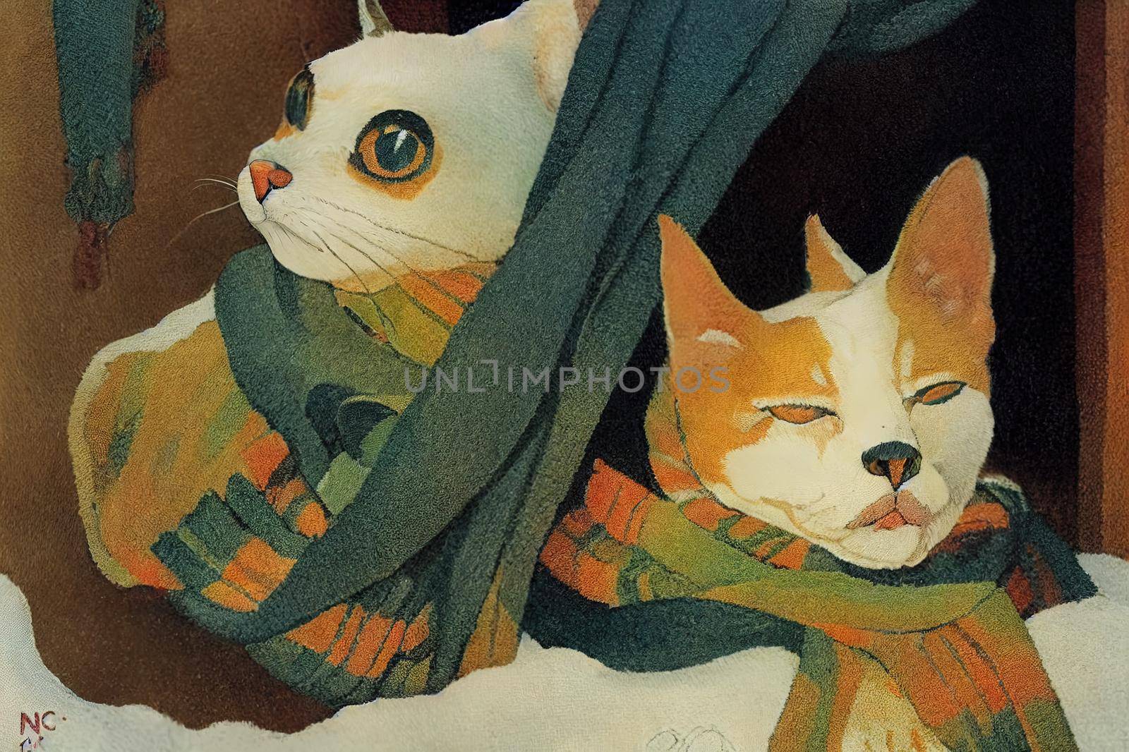 Cat and dog sticking out from under a rug or a scarf. Pets hid from the cold. Cozy winter or autumn concept. High quality illustration