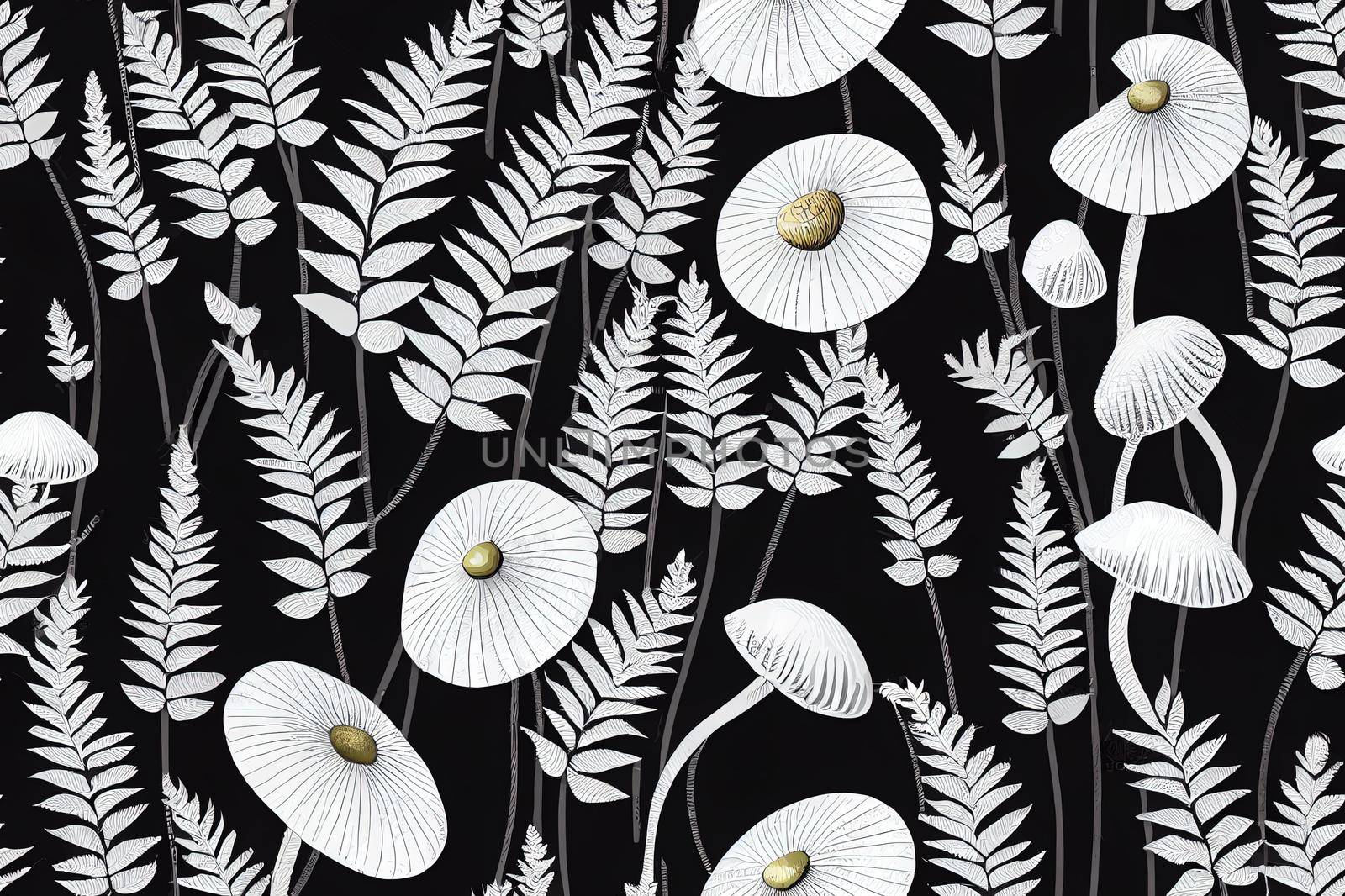Vintage woodland nature seamless pattern. Amanita mushroom, fern, forest plants witchcraft wallpaper. Botanical texture on black background.. High quality illustration