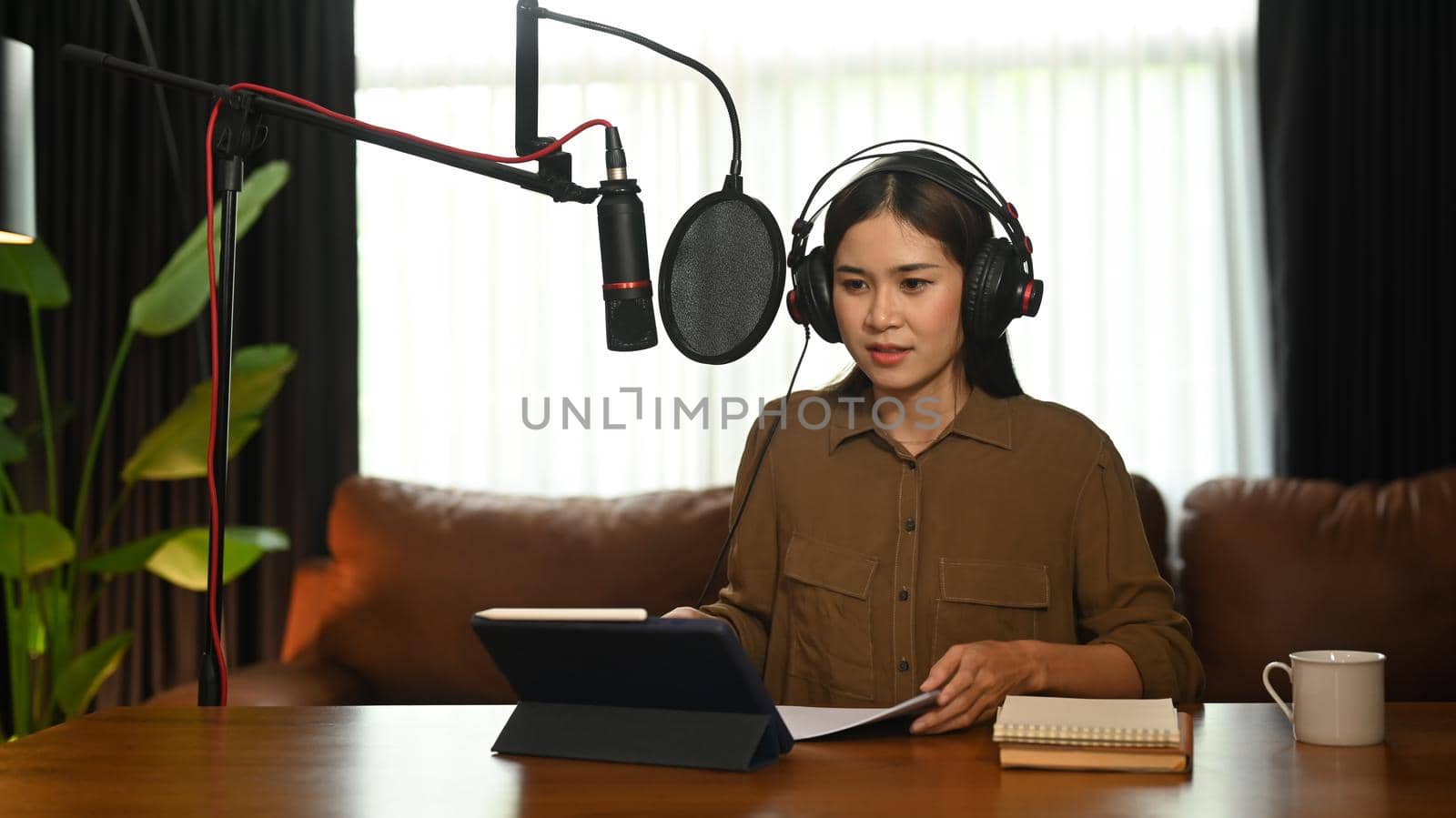 Attractive woman using laptop and microphone streaming audio podcast at home studio. Communication and technology concept.