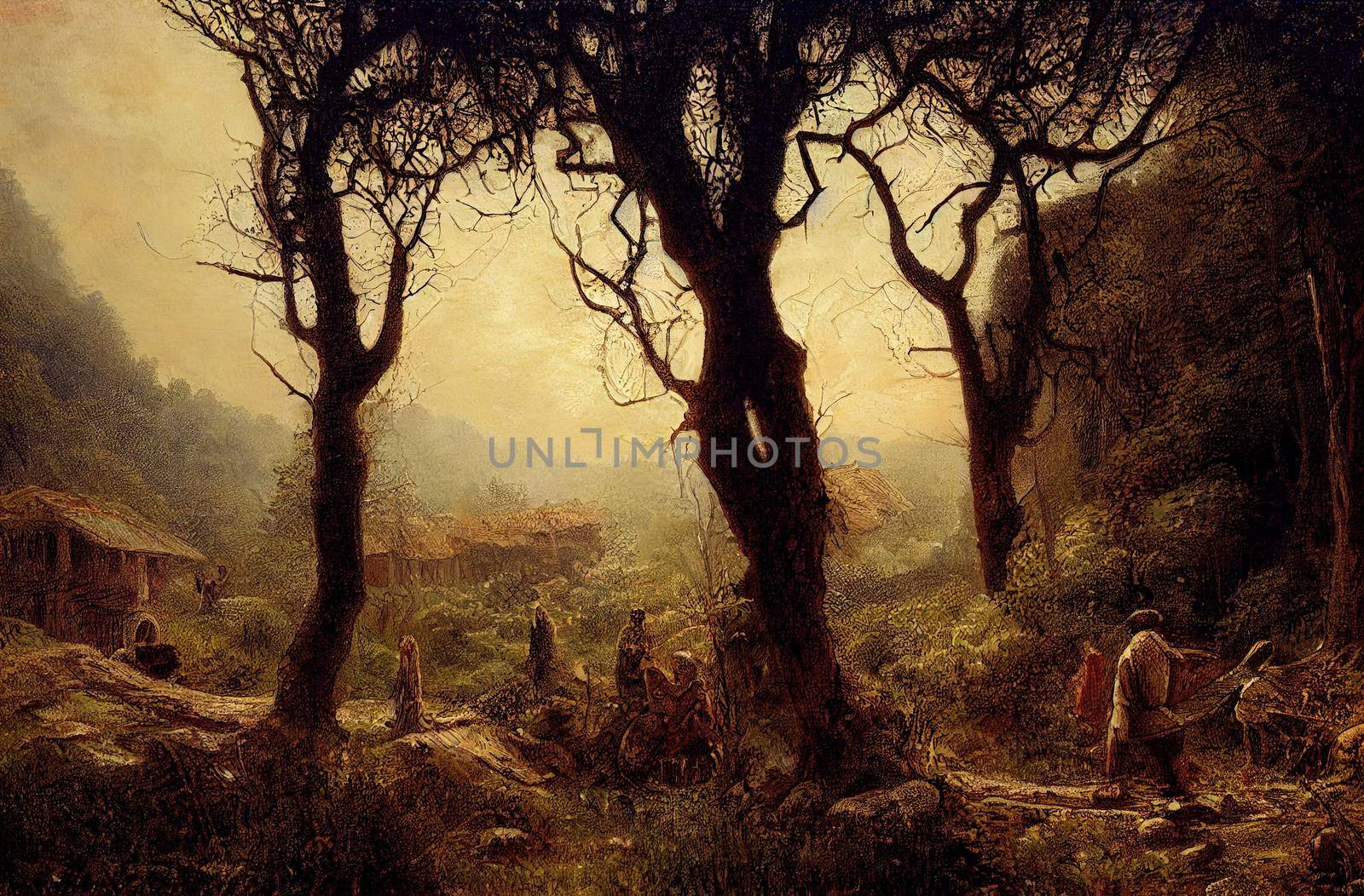 Illustration of four scenes of forests and a cave. High quality illustration