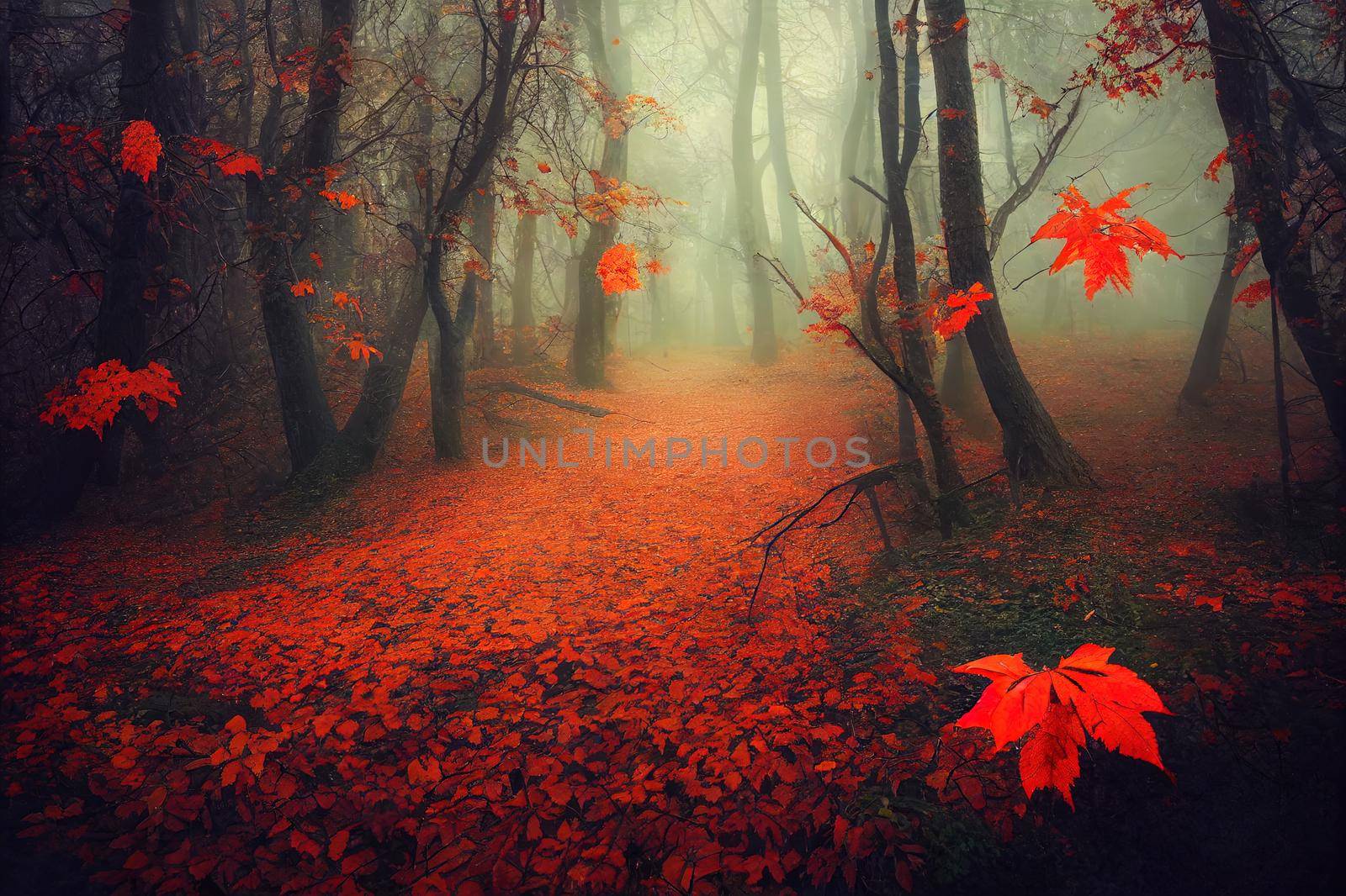 Orange feel in foggy forest during autumn day. Red and orange leaves in the woods. Fairy tale landscape in the woods. High quality illustration