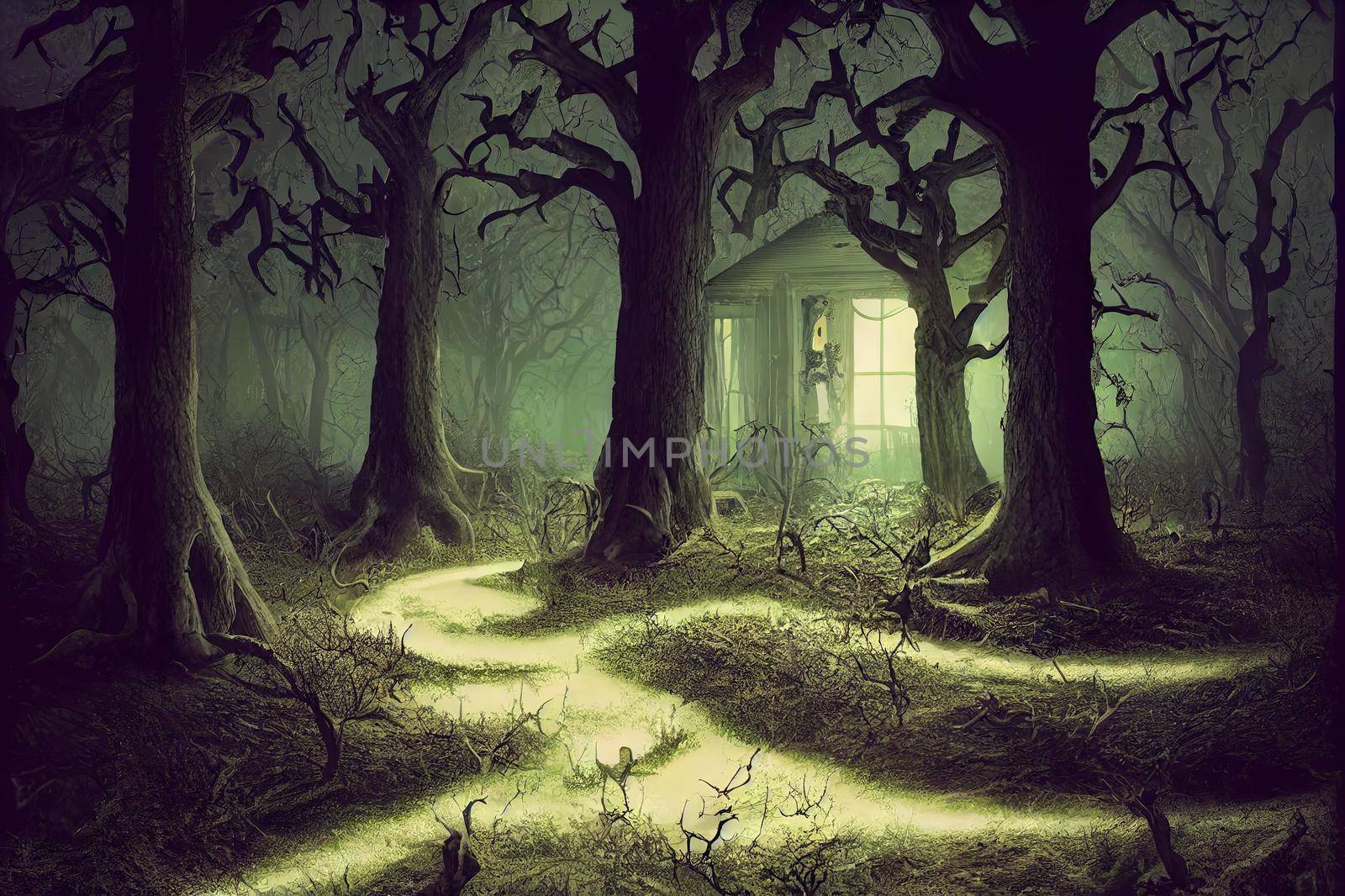 haunted house scene in creepy forest,3d illustration. High quality illustration