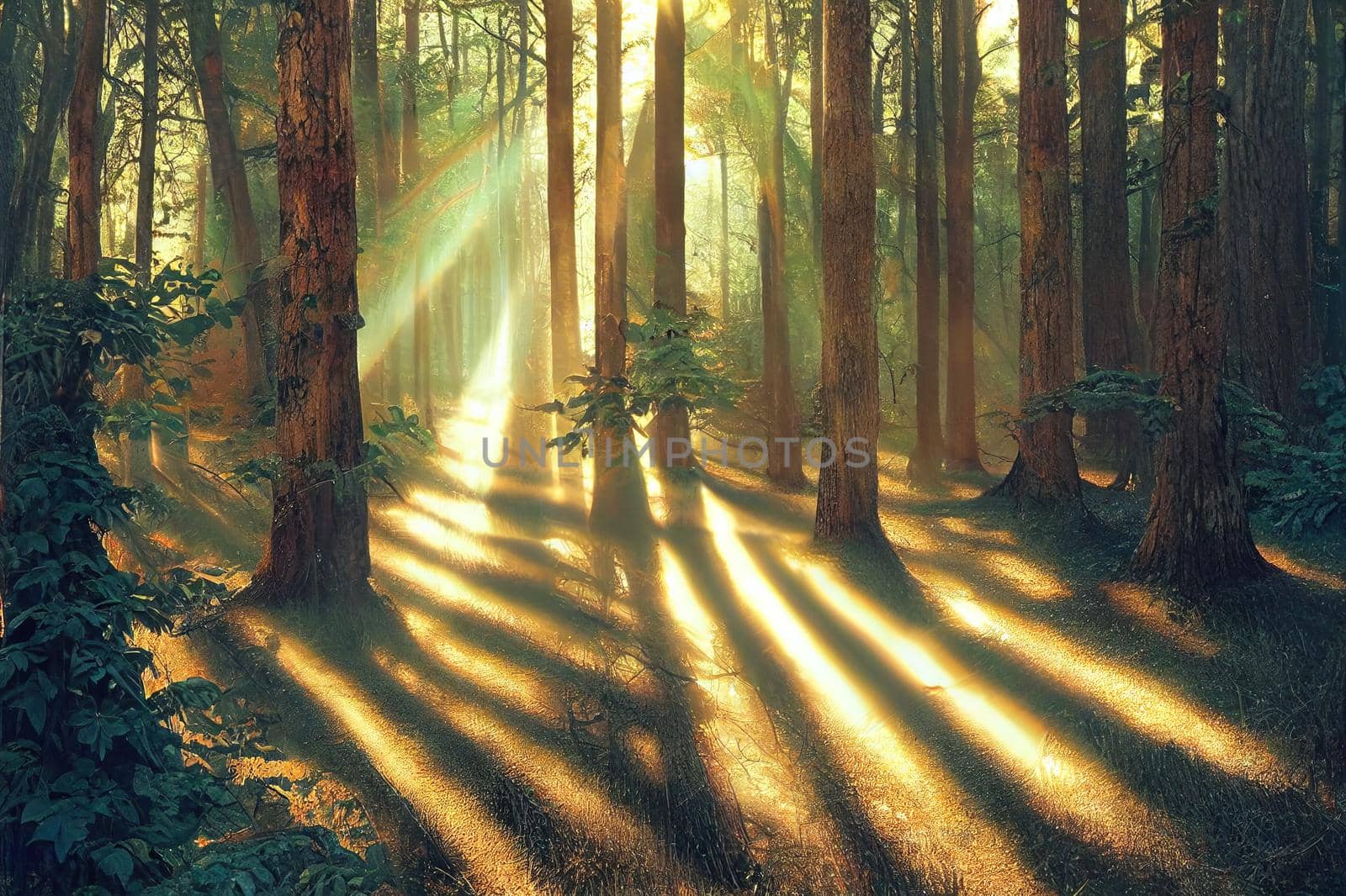 Sunbeams through the crowns of trees in the forest. Forest shadows sunbeams. Sunbeam forest shadows. Amazing forest sunbeam shadows. High quality illustration