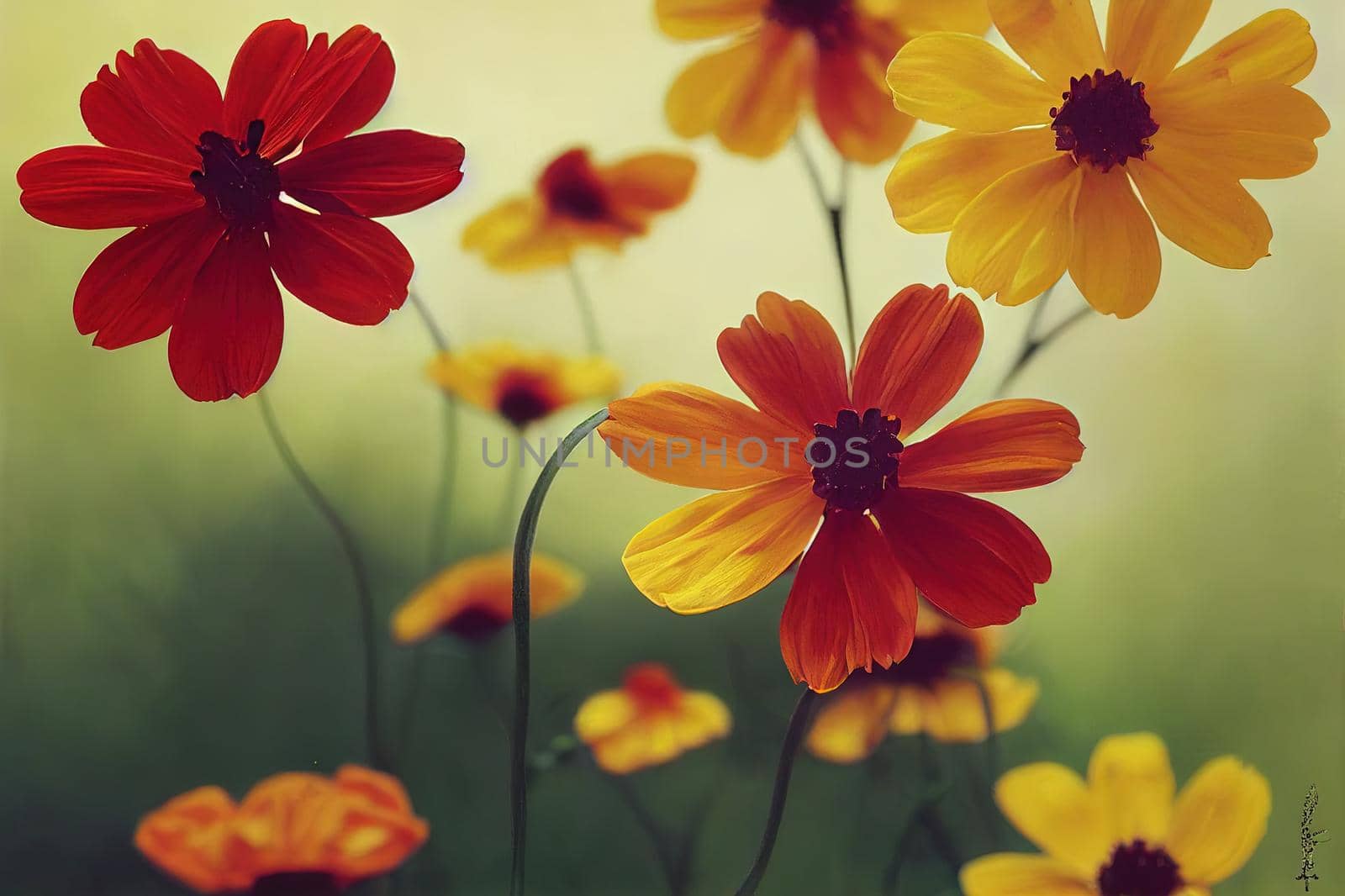 A portrait of a beautifful coreopsis flower. The enchanted eve flower has red with yellow petals and a yellow core its between other flowers of its kind.. High quality illustration