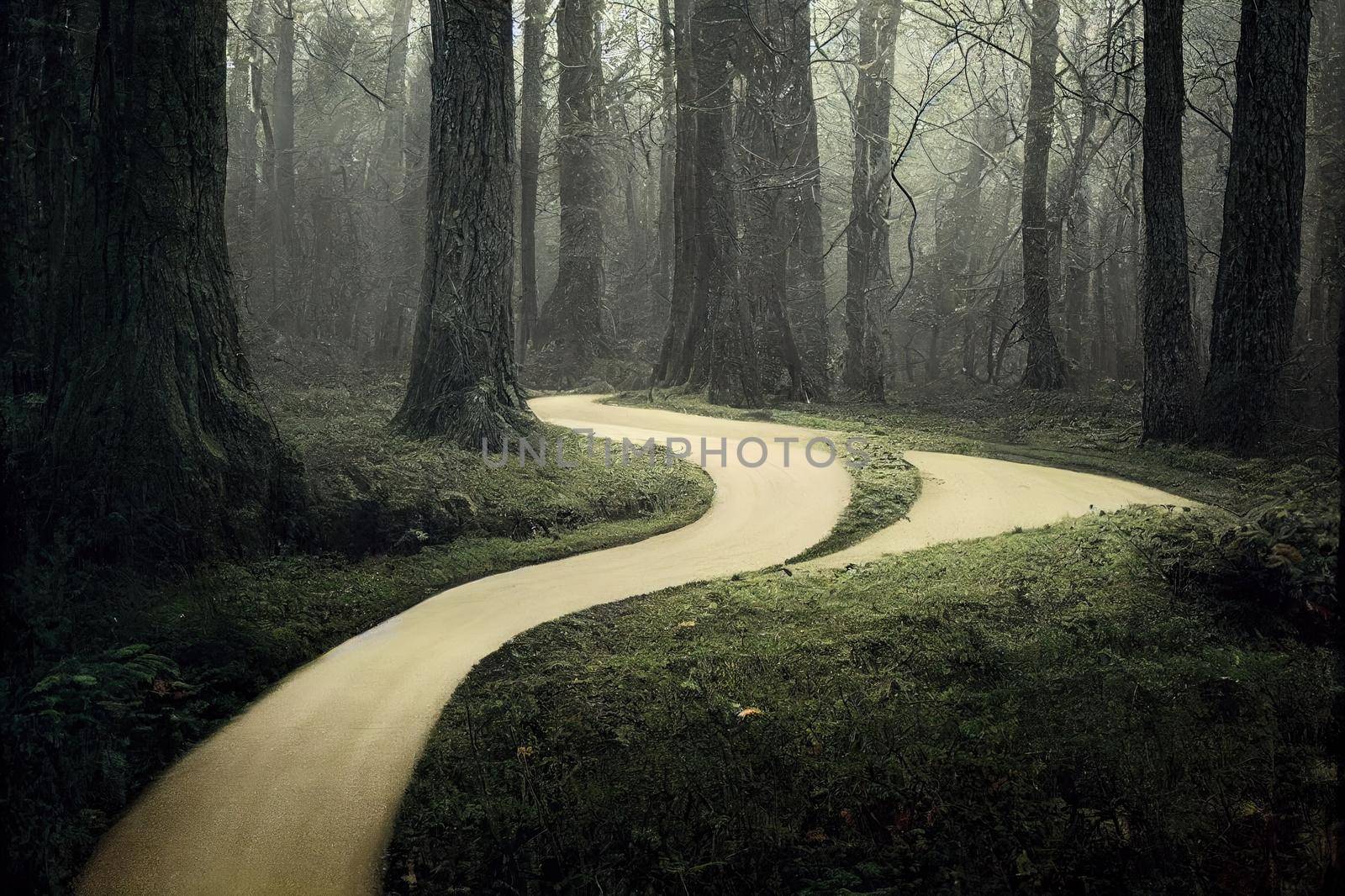 Curved road in the forest between trees. Planking trail by 2ragon