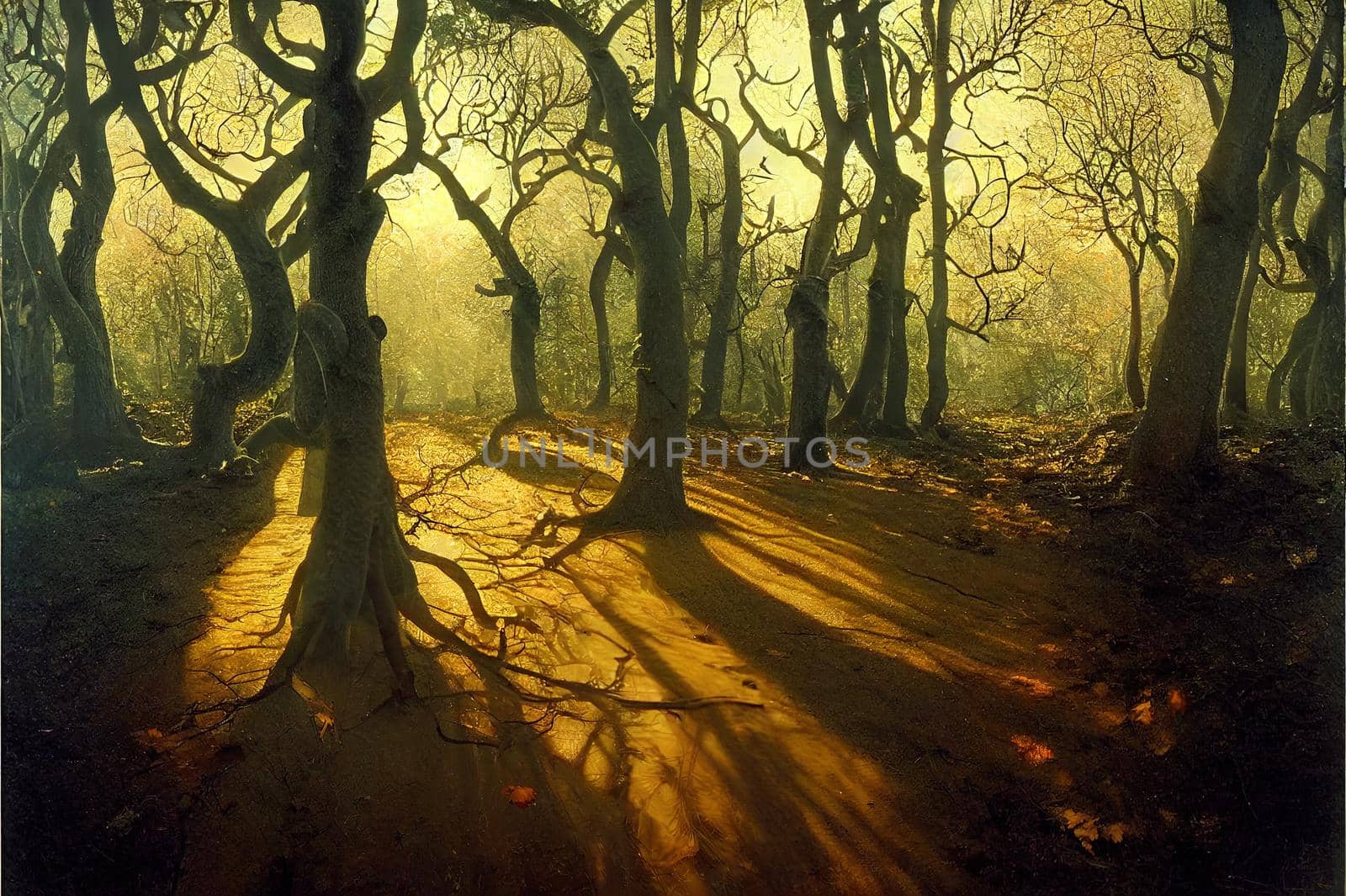 Walk in the woods. Pleasant autumn weather. Sun rays play in the branches of trees.. High quality illustration