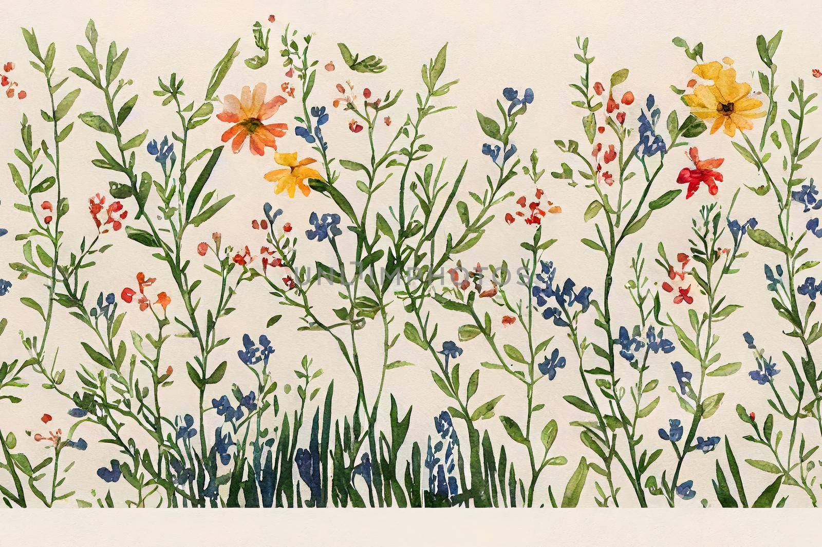 Cute watercolor pattern with wild flowers. Delicate watercolor textile print. Summer meadow.. High quality illustration