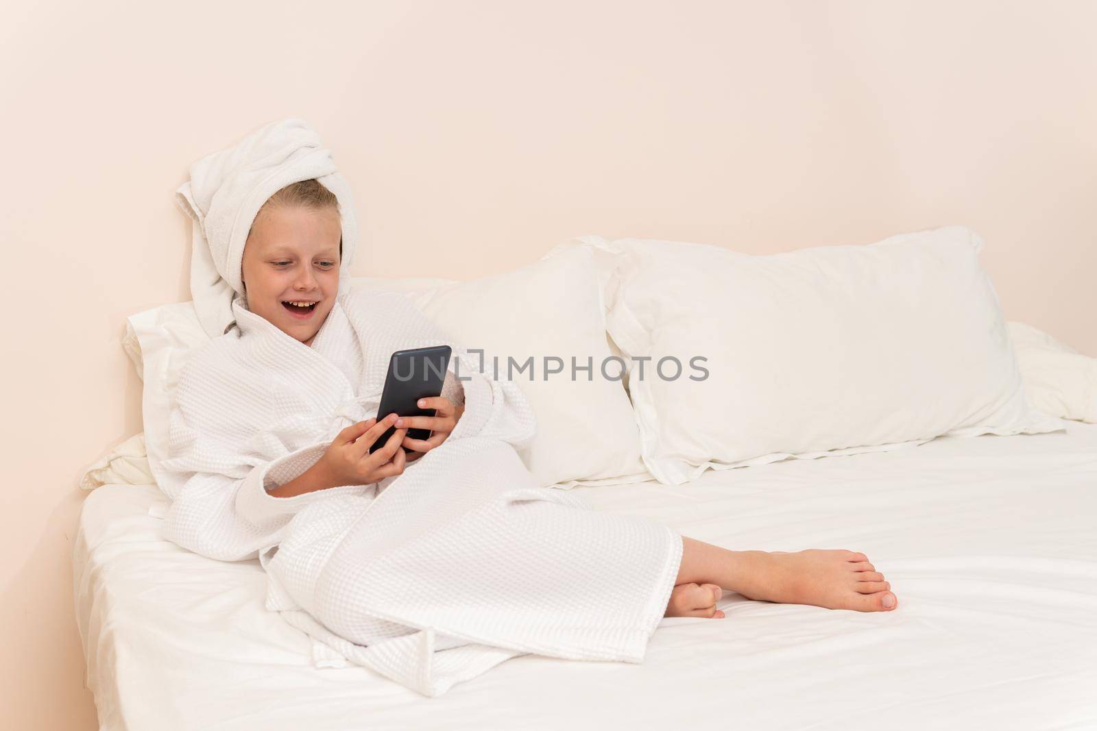 Copyspace bed girl white cell bathrobe portrait cute hygiene smile, from dressing hotel for beauty and gown pirate, baby bathing. Hair wellness comfort, by 89167702191