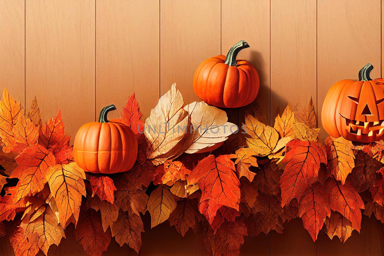 3D background, wood display flat lay podium on natural brown leaf shadow backdrop with Halloween pumpkin. Product promotion Beauty cosmetic autumn showcase. Studio wooden banner platform 3D render.. High quality illustration
