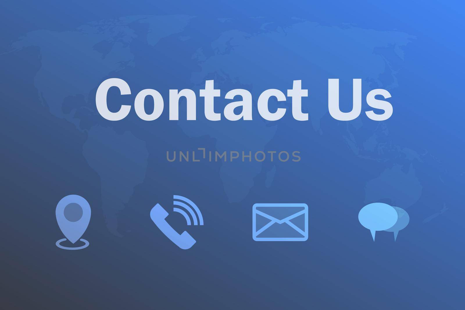 Contact us concept. Contact us page on website. Address, phone, e-mail, and chat icons on blue background. Corporate information contact data for customers. Customer service and support. Web banner.