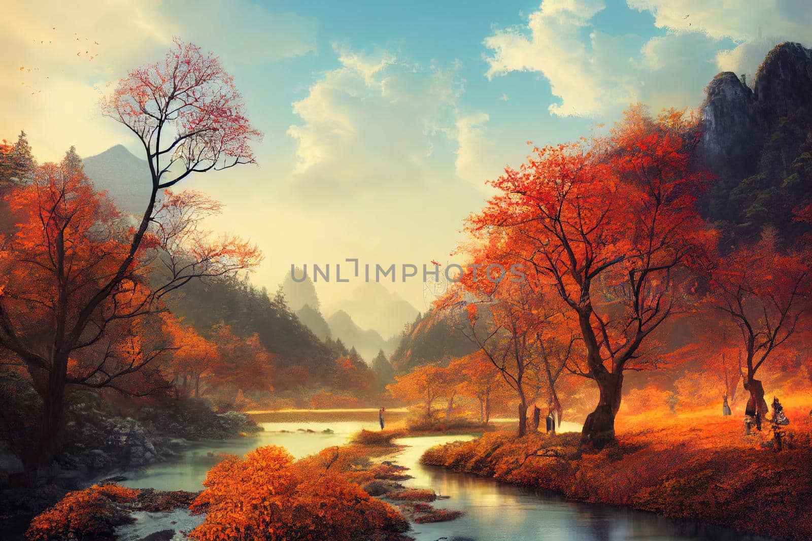 Chinese autumn landscape with autumn trees and majestic mountains. Idyllic and amazing nature scenery. Beautiful season fall background. 3D illustration.. High quality illustration