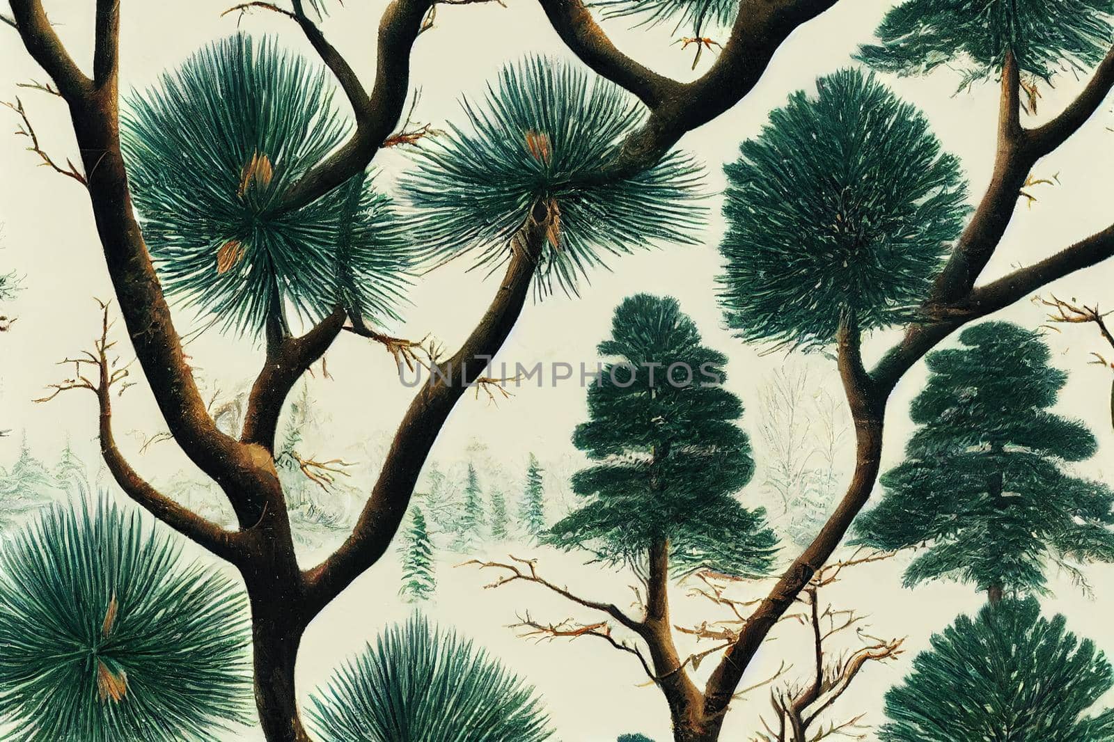 Enchanting view of the forest in winter. The snowfield and beautiful Araucaria araucana trees growing in the woods.. High quality illustration
