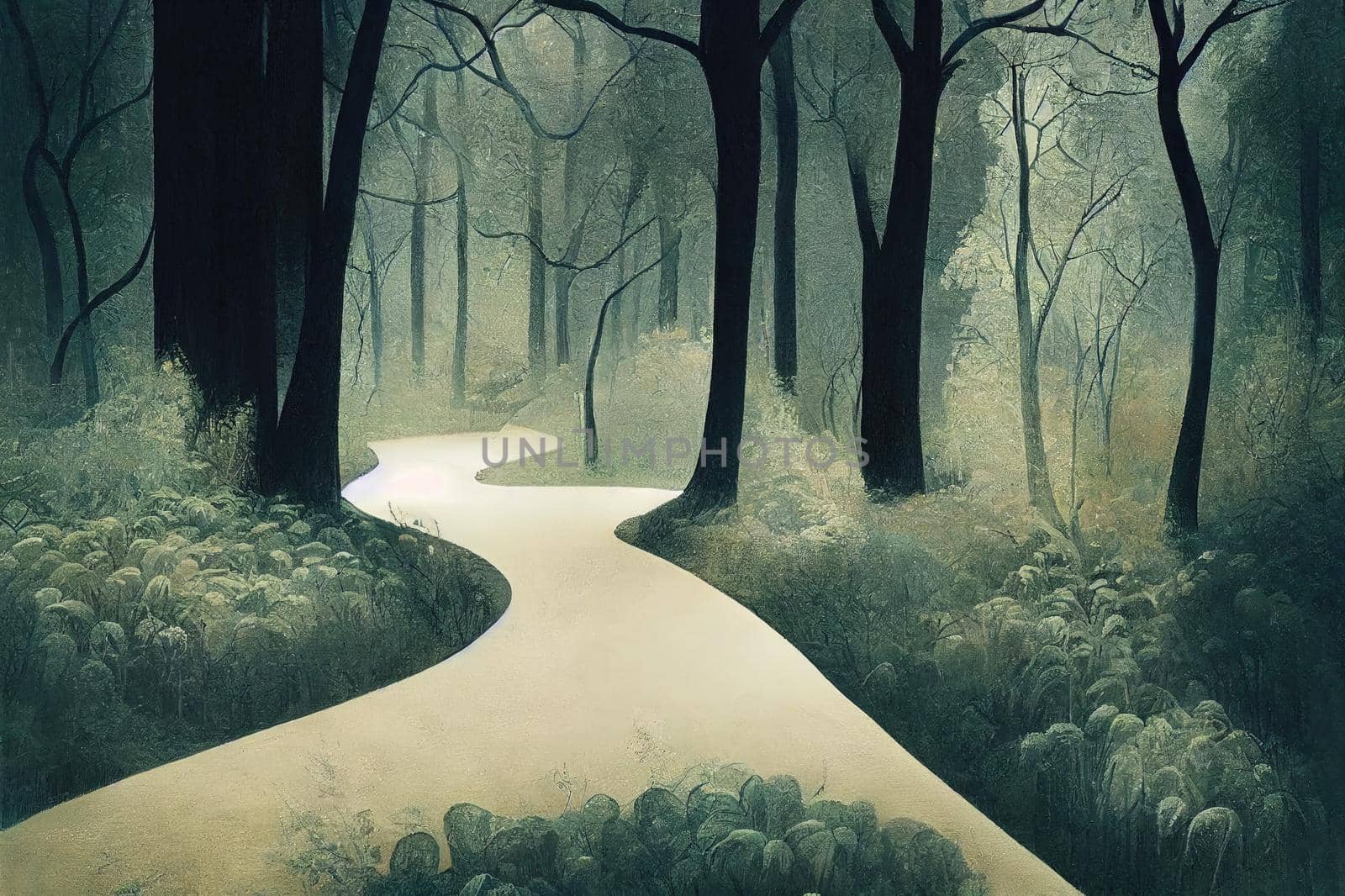 Path through a spring forest in bright sunshine. High quality illustration