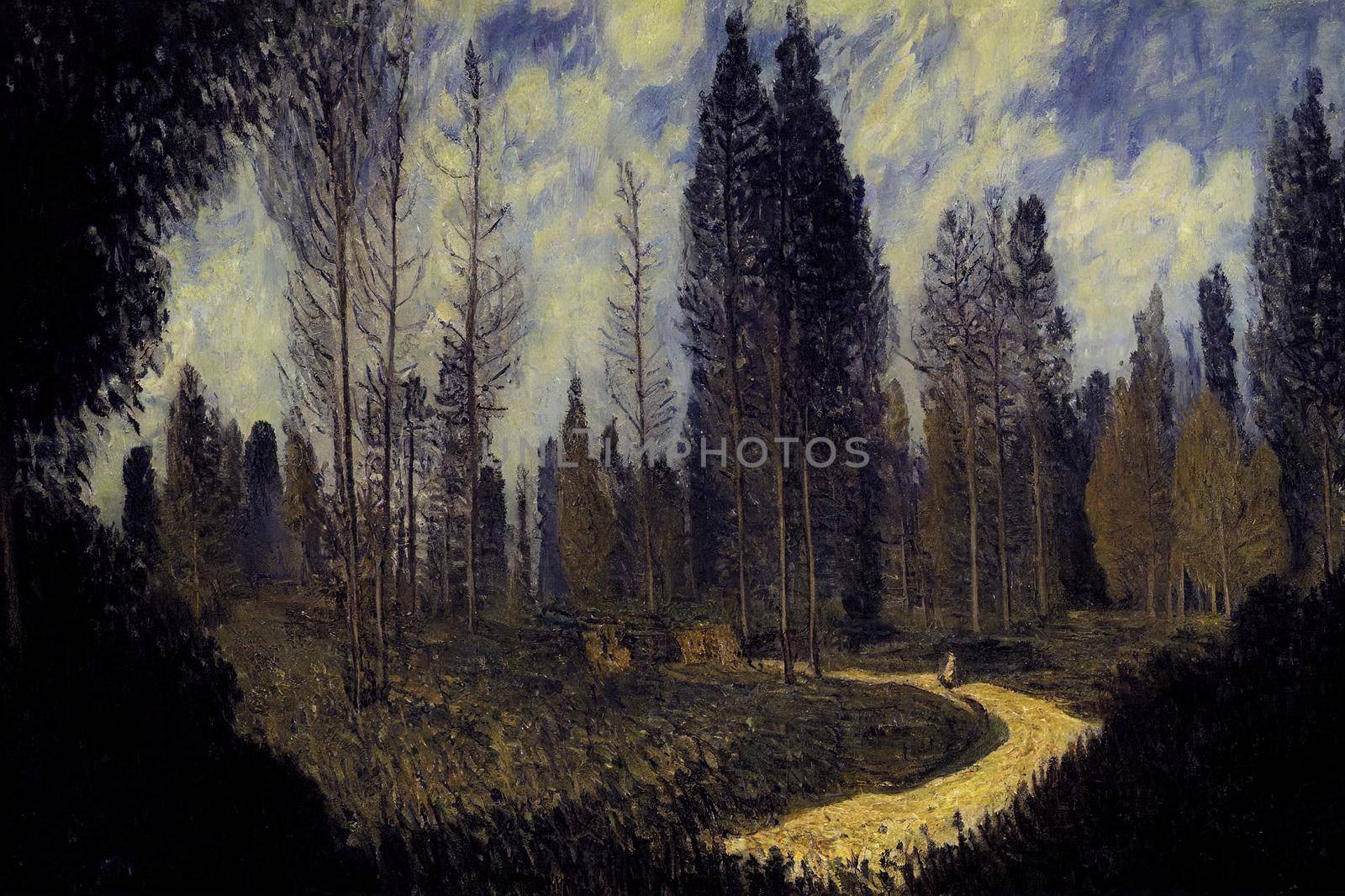 dark mysterious forest panorama, fantasy landscape. High quality illustration