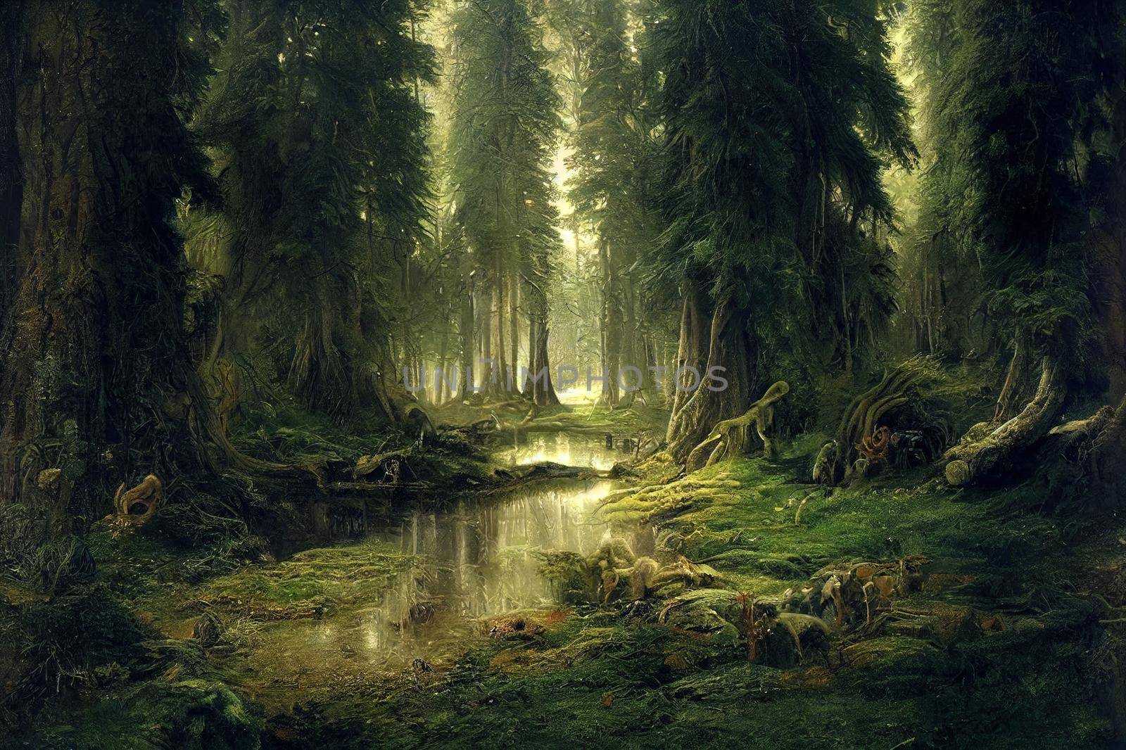 Magical fairytale forest. Coniferous forest covered of green moss. Mystic atmosphere.. High quality illustration