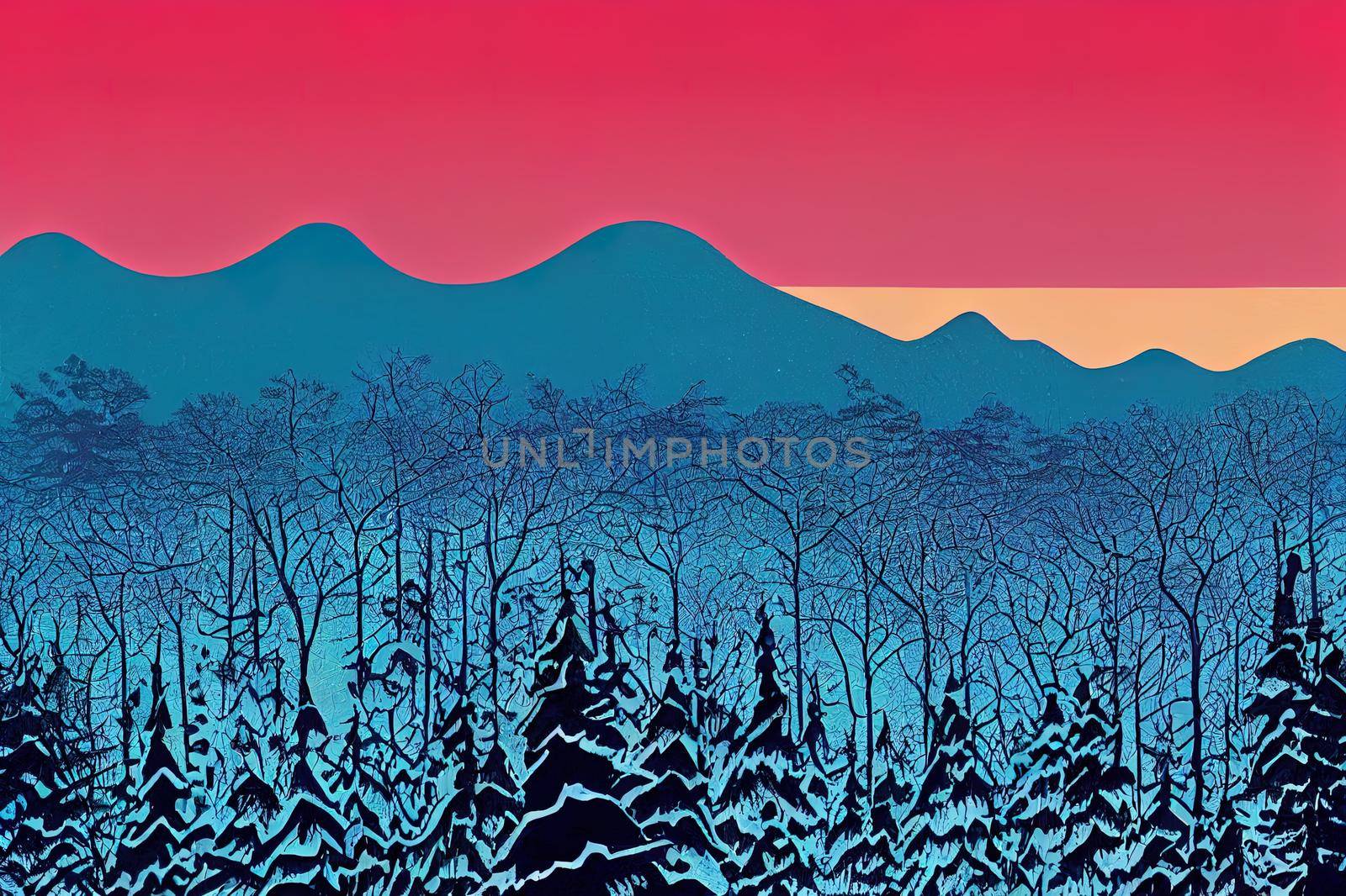 Winter snow forest at sunset. High quality illustration