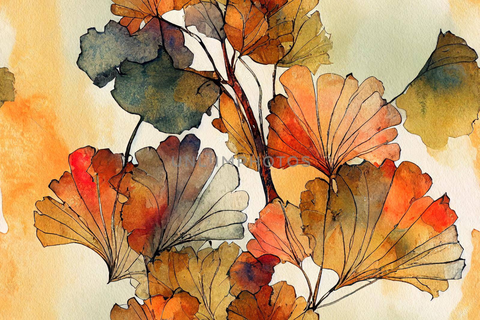 Abstract watercolor seamless pattern in autumn colors. Drawing of ginkgo leaves, ink doodle, grunge, water color paper textures. Floral background for fall design. Hand painted illustration. High quality illustration
