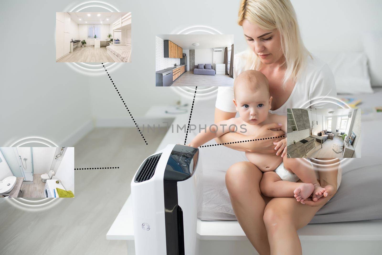 Home smart and technology on virtual screen concept, air purifier online on application adjust and setting for smart home through the internet.
