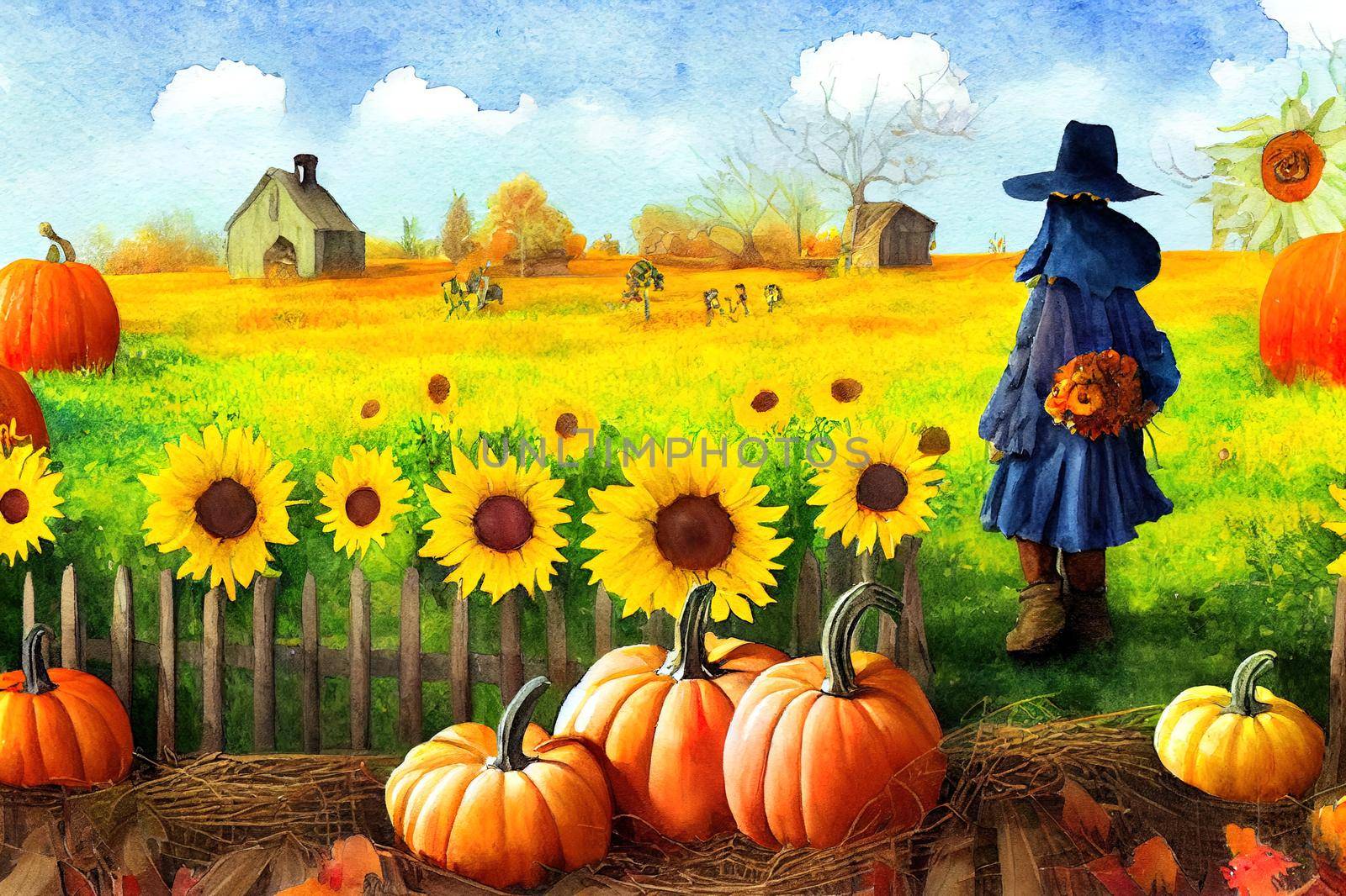 Watercolor farmhouse scarecrow illustration, Autumn harvest scene with cute scarecrow, pumpkin, sunflowers, fence, raven,pumpkin patch. Thanksgiving fall background, country graphics.. High quality illustration