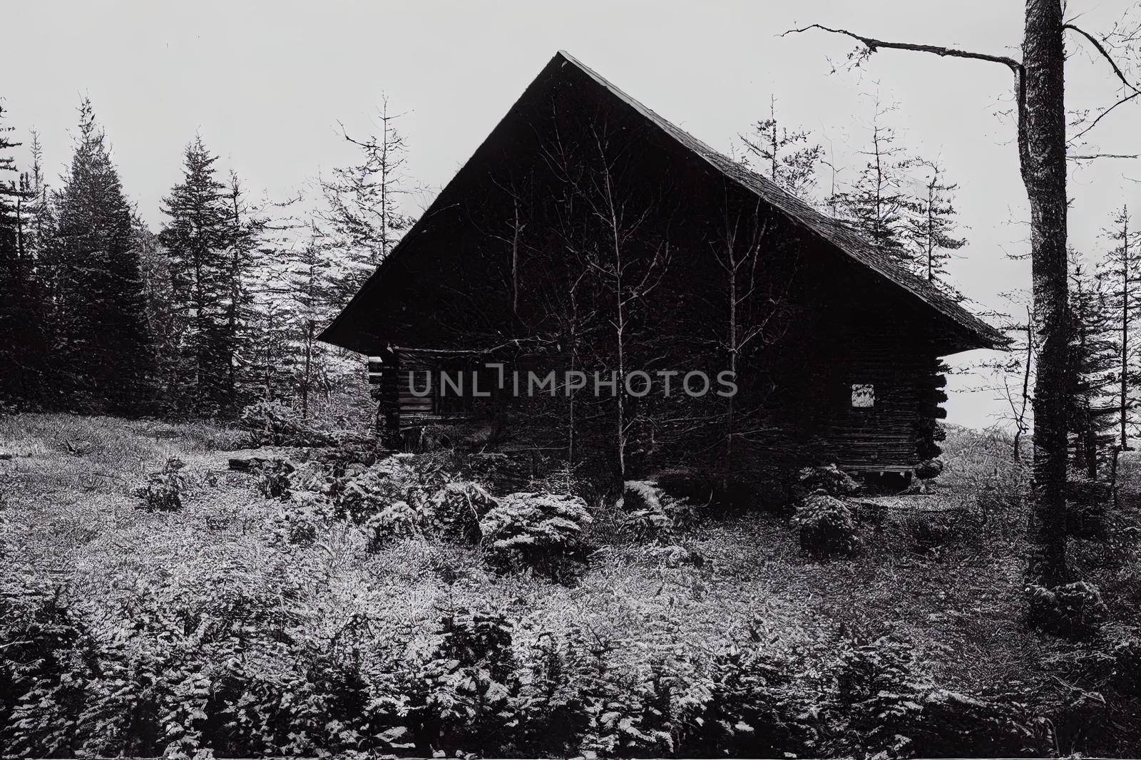Secluded cabin in the woods. Mountain Log Cabin surrounded by trees and grass.. High quality illustration