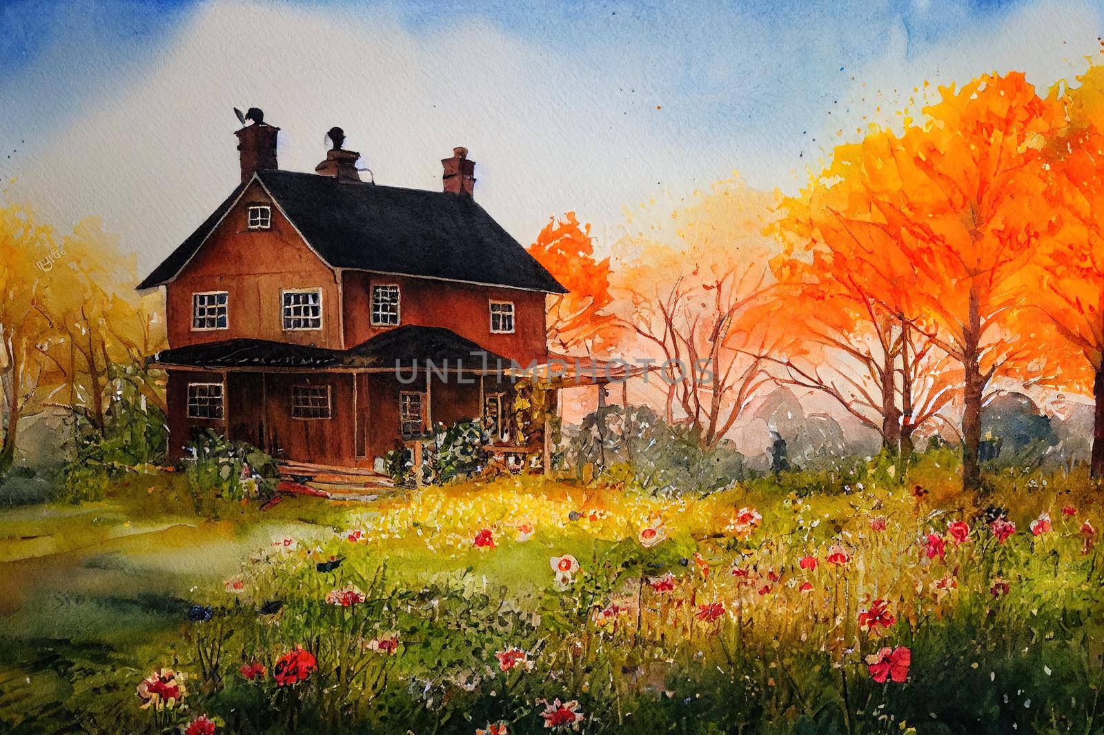 hand drawn watercolor painting of country house autumn. landscape painting with building, wooden house, front yard, garden, grass, colorful flowers, trees, foliage and sunny sky for print, etc. High quality illustration