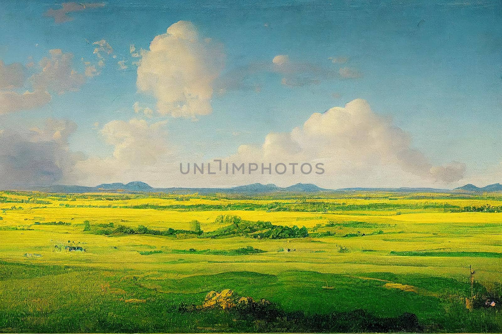 Green meadow under blue sky with clouds. High quality illustration