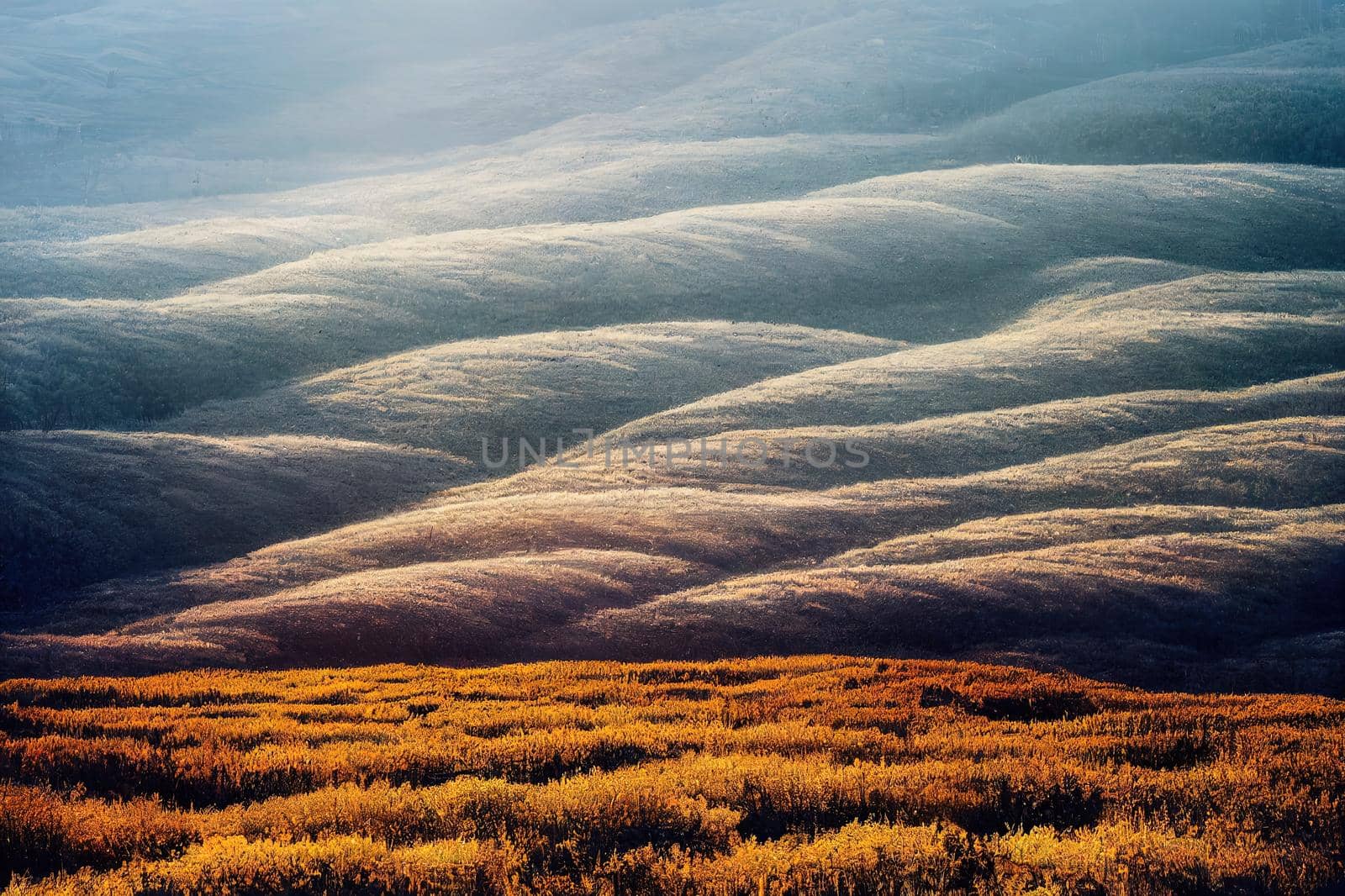 misty straight brown pine forest tree plantation with grass on a cold freezing winter morning. High quality illustration