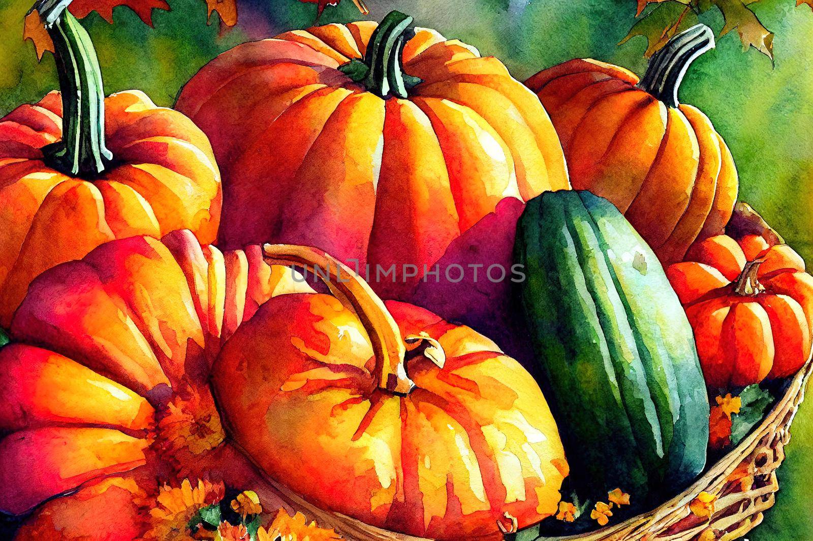 Watercolor Thanksgiving decor elements.Pumpkin and flower composition in basket, fall harvest,autumn squash,vegetables,country farmhouse garden.Autumn wedding illustration with pumpkin and flowers. High quality illustration