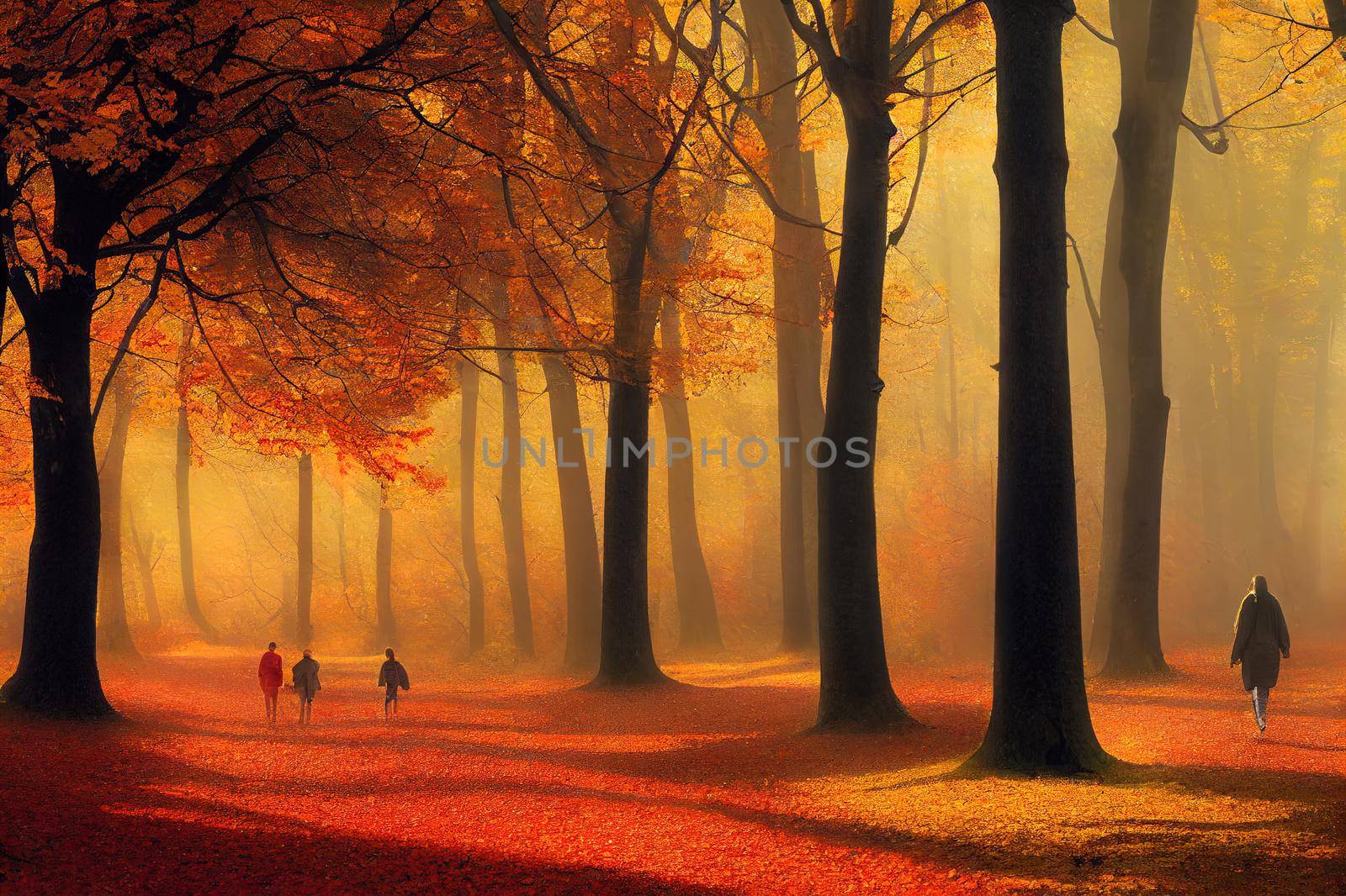 People strolling on Walkway in autumn forest with colorfull fall foliage in hazy conditions. Veluwe, Gelderland Province, the Netherlands.. High quality illustration
