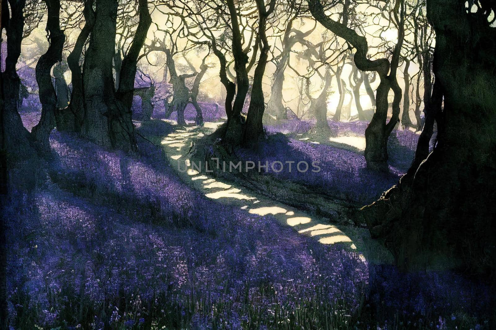 Path through purple bluebell woods in early morning sunrise. High quality illustration