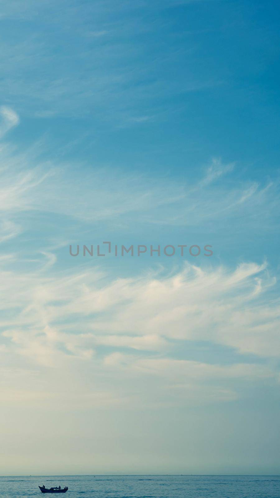 BANNER, VERTICAL STORY Atmosphere panorama white cloud clear blue sky horizon line calm empty sea. Concept paradise life. Design relax wallpaper background. More tone format in stock.