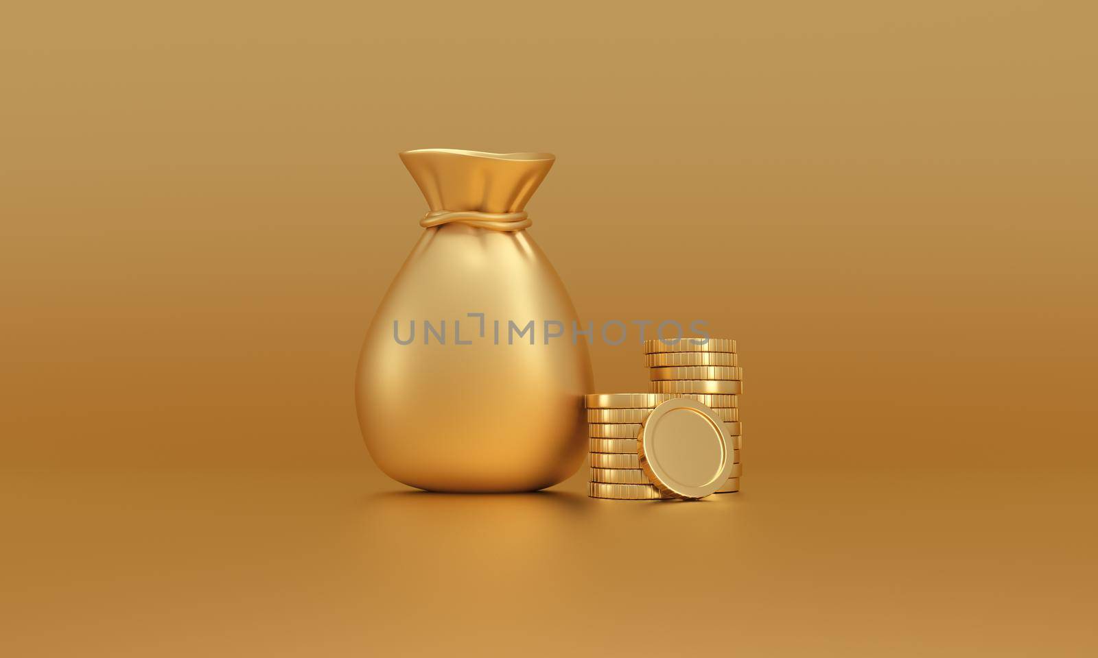 Golden Money sack bag and stack of coins isolated on gold background. money savings concept. minimal cartoon design. by ImagesRouges