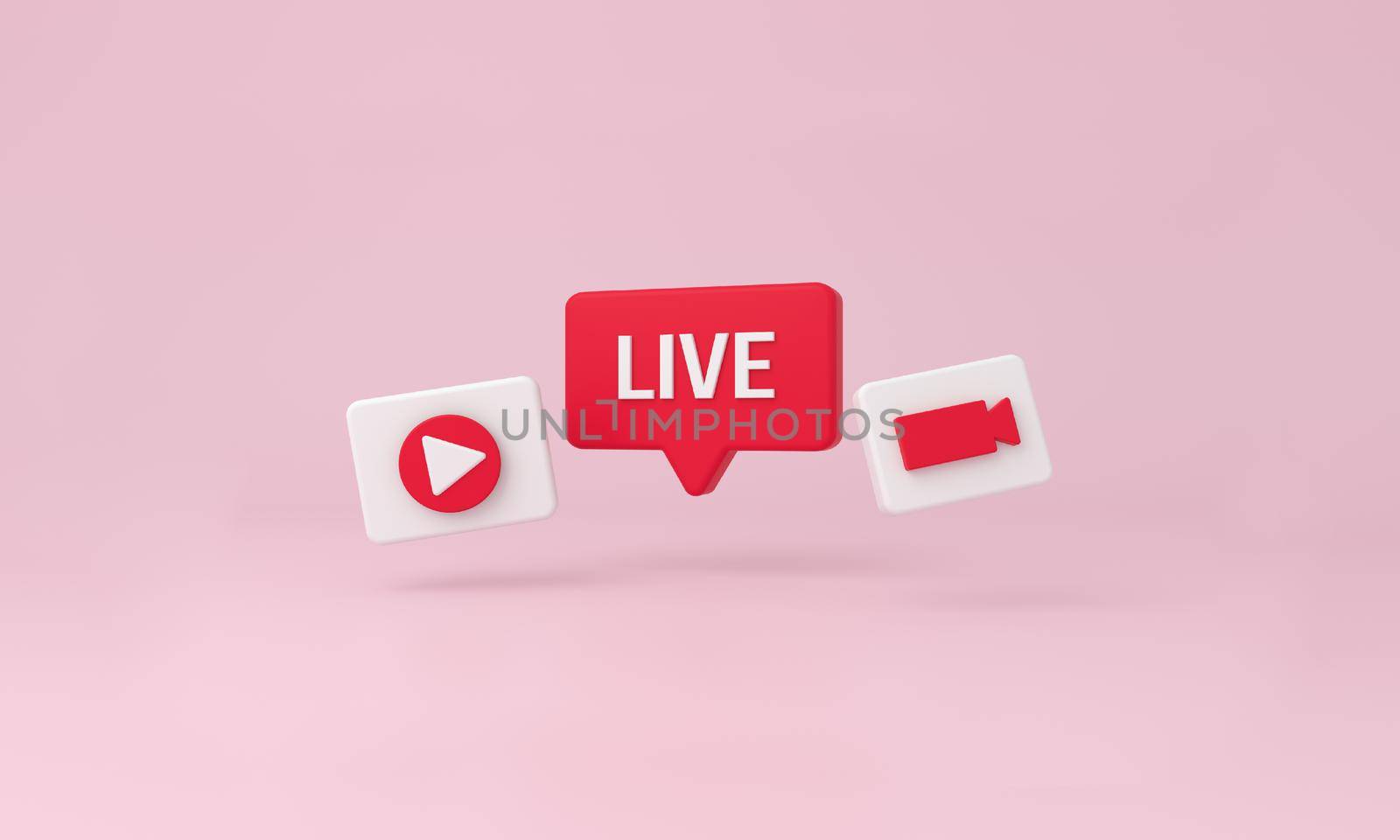 Live bubble, play and video minimal icons on pink background. 3d rendering.