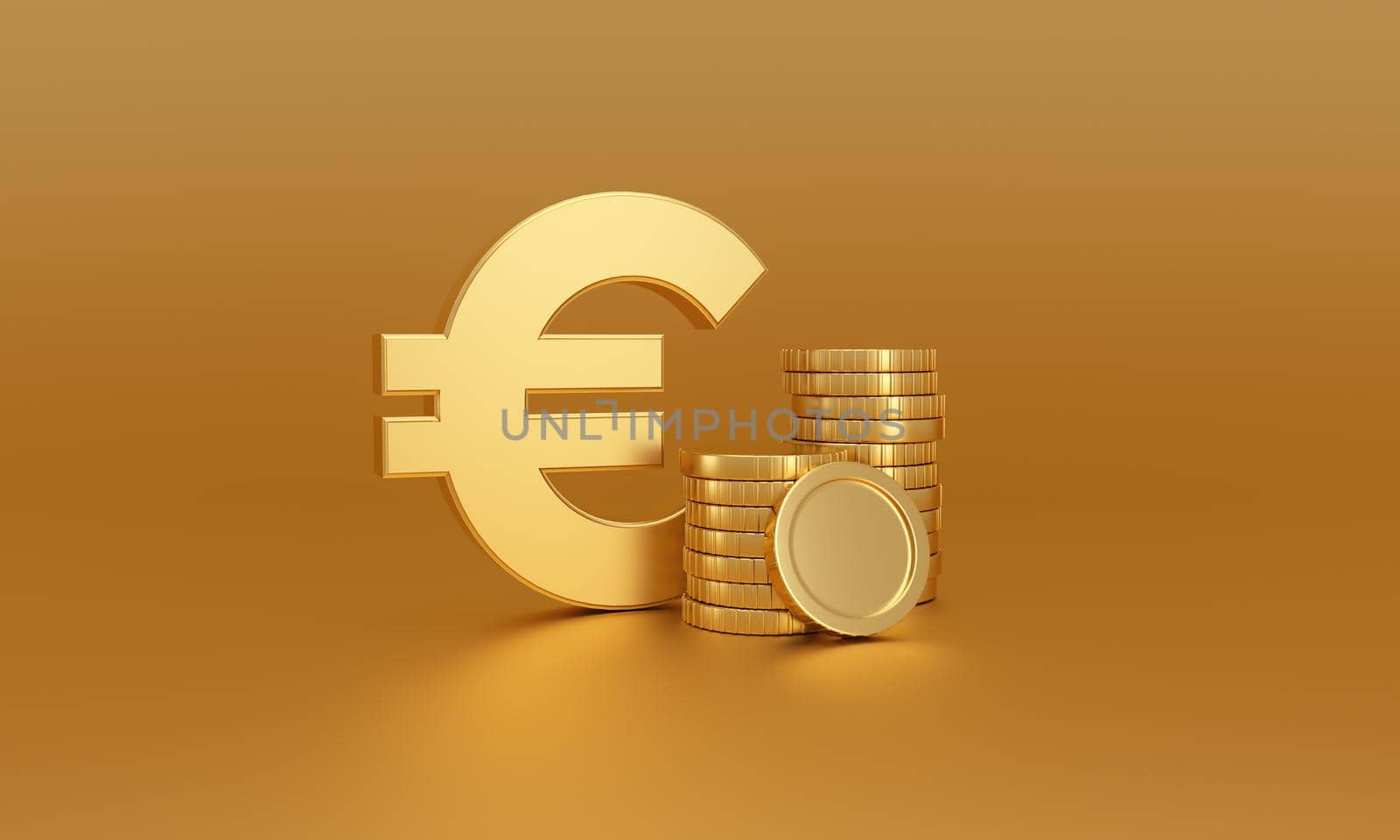 Euro money symbol next to Stack of gold coins on a golden background. Currency exchange. 3d rendering.