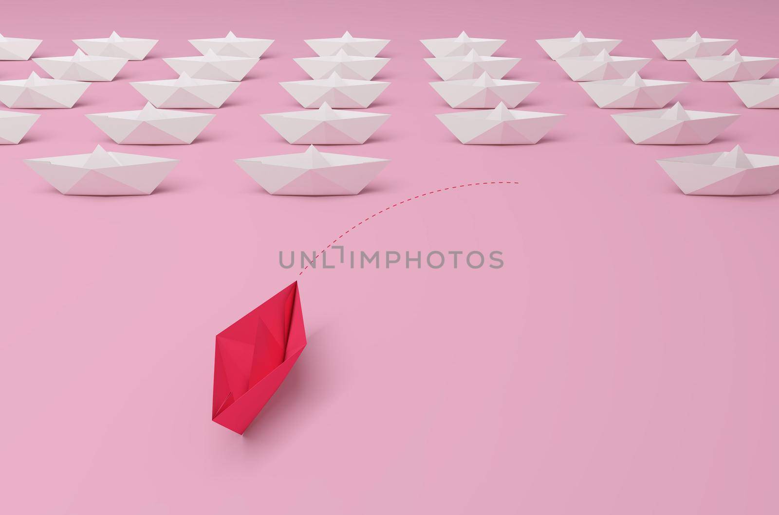 Women's leadership concept. Pink paper ship in the foreground leading among white on pink background. 3d rendering.