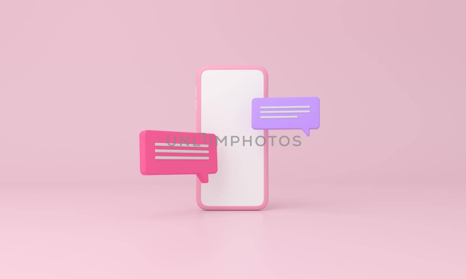 Smartphone and chat icon on minimal pink background. 3d rendering,
