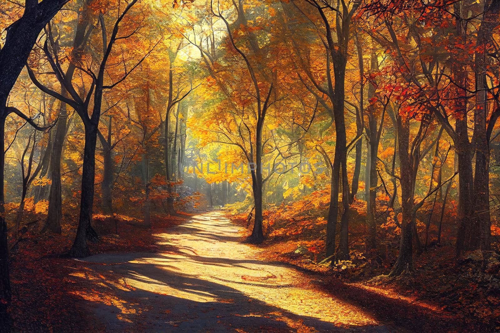 Autumn forest scenery with road of fall leaves & warm light illumining the gold foliage. Footpath in scene autumn forest nature. Vivid october day in colorful forest, maple autumn trees road fall way. High quality illustration