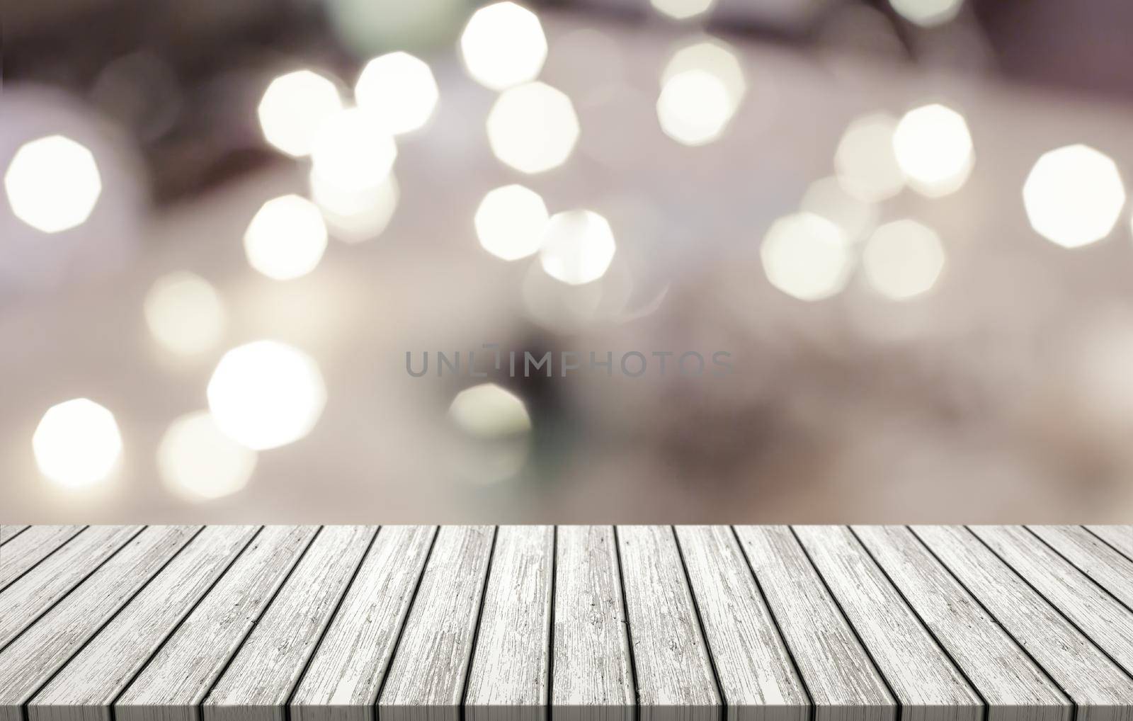 White Wooden table on room with bokeh blurred background. by ImagesRouges
