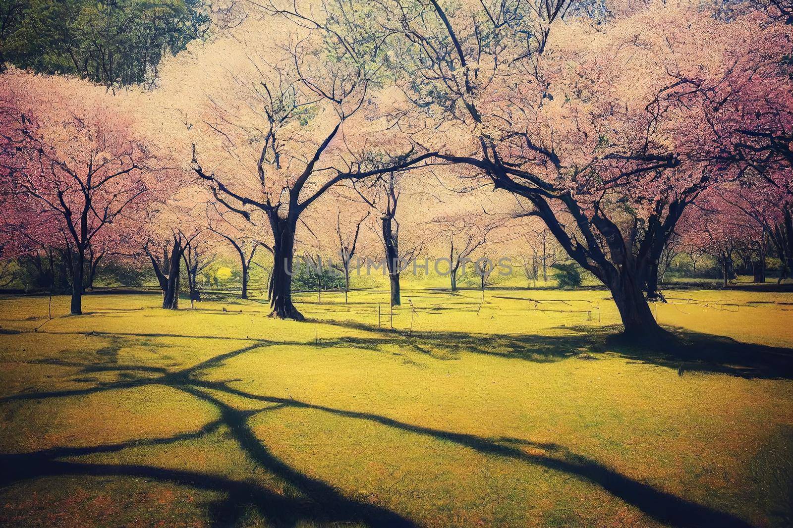 Spring Nature. Beautiful Landscape. Park with Green Grass and Trees. Tranquil Background. High quality illustration