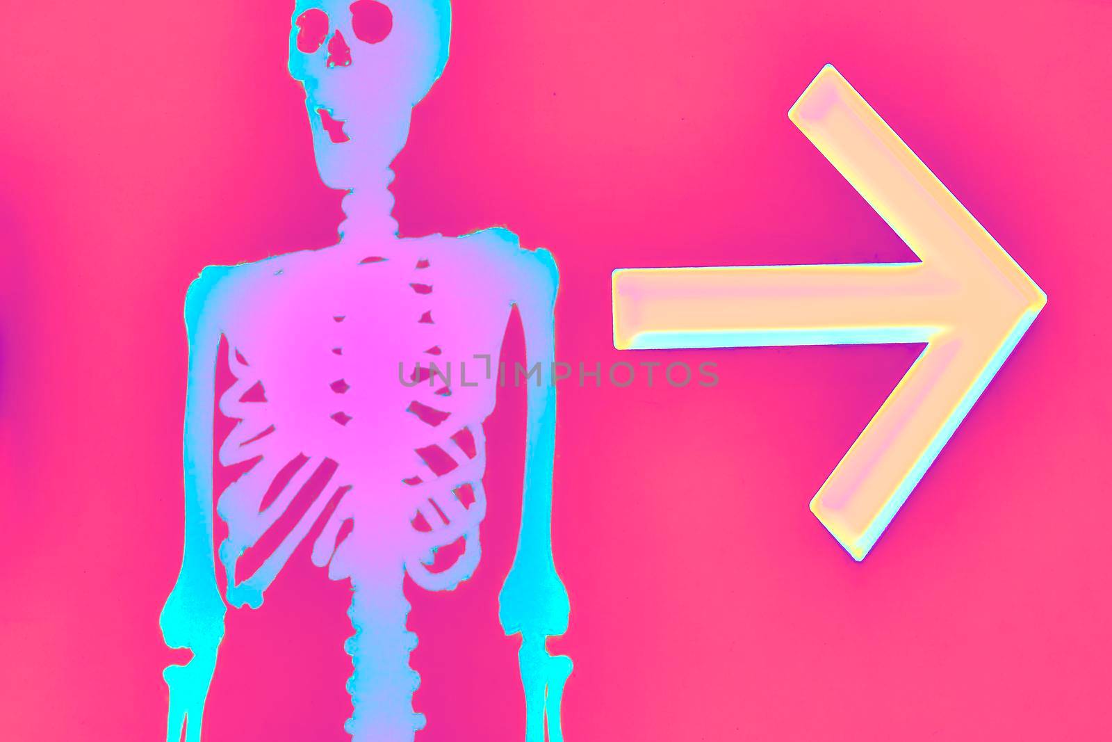 the night of October 31, the eve of All Saints' Day, commonly celebrated by children who dress in costume . Halloween blue pink funny skeleton with a red arrow direction on a red