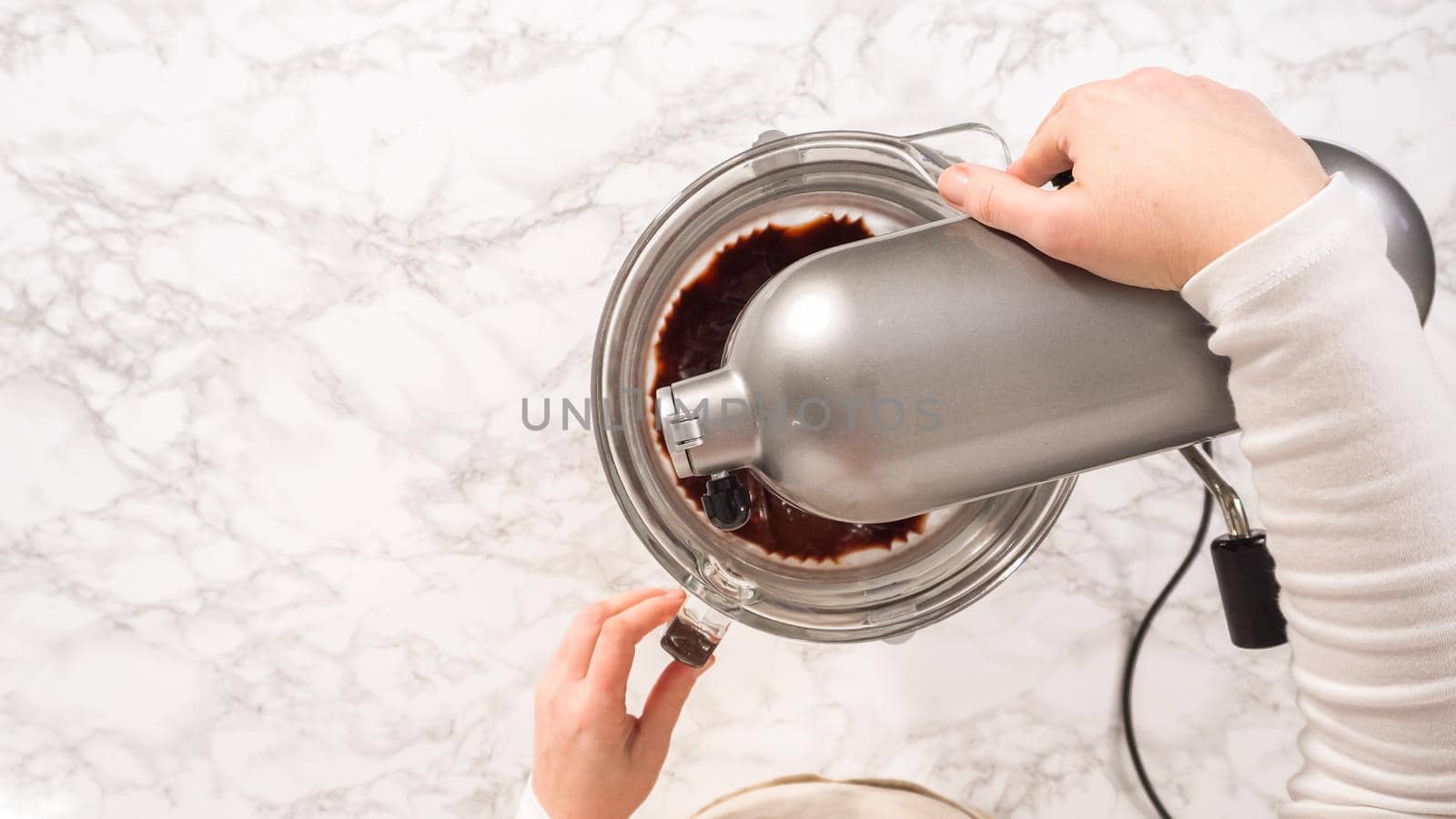 Flat lay. Step by step. Whipping chocolate ganache with an electric kitchen mixer.