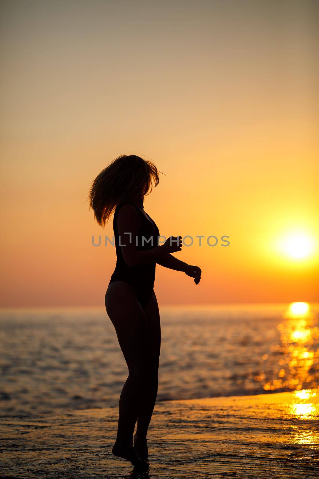 Silhouettes of a girl against the background of the sea and the setting sun