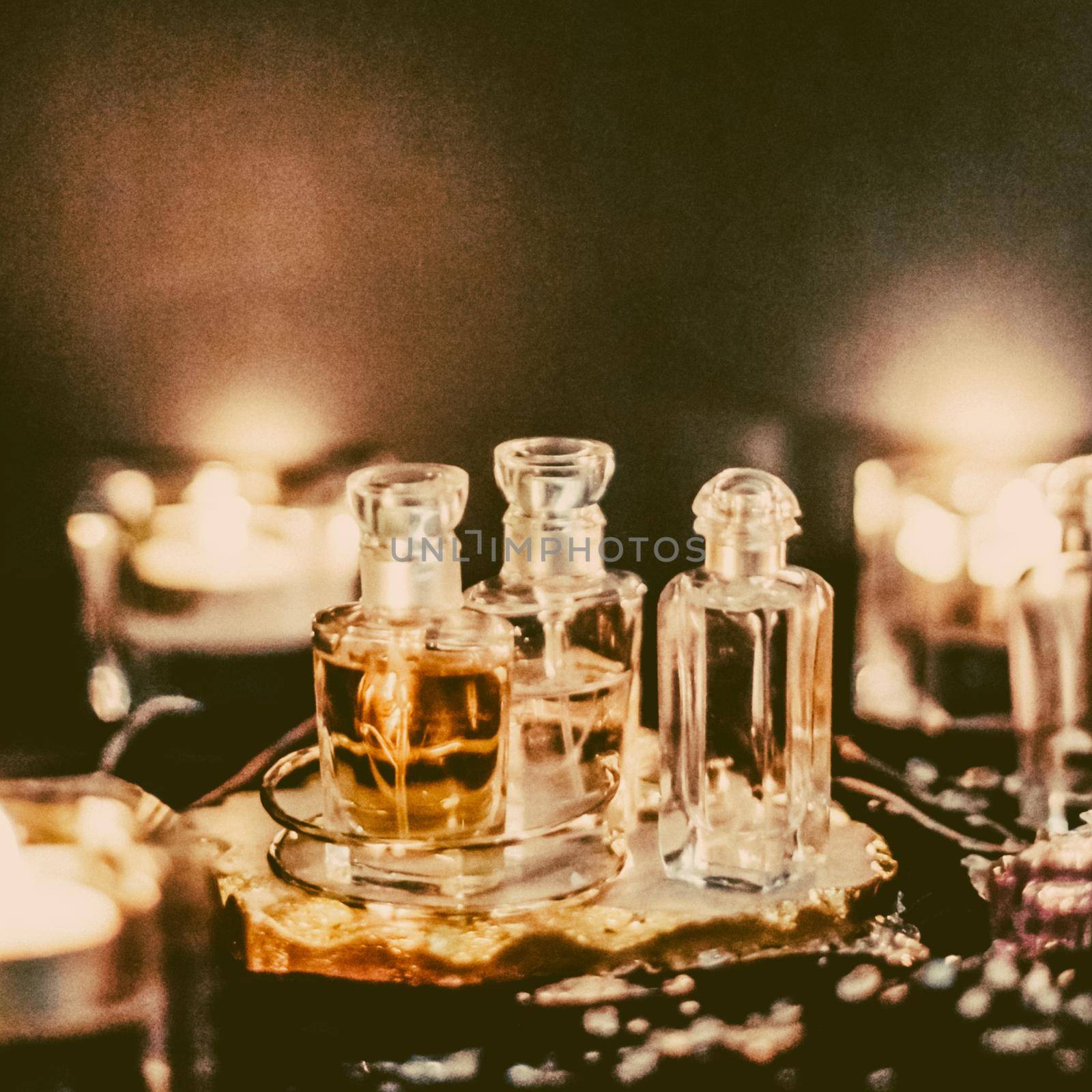 Perfumery, cosmetic branding and spa concept - Perfume bottles and vintage fragrance at night, aroma scent, fragrant cosmetics and eau de toilette as luxury beauty brand, holiday fashion parfum design